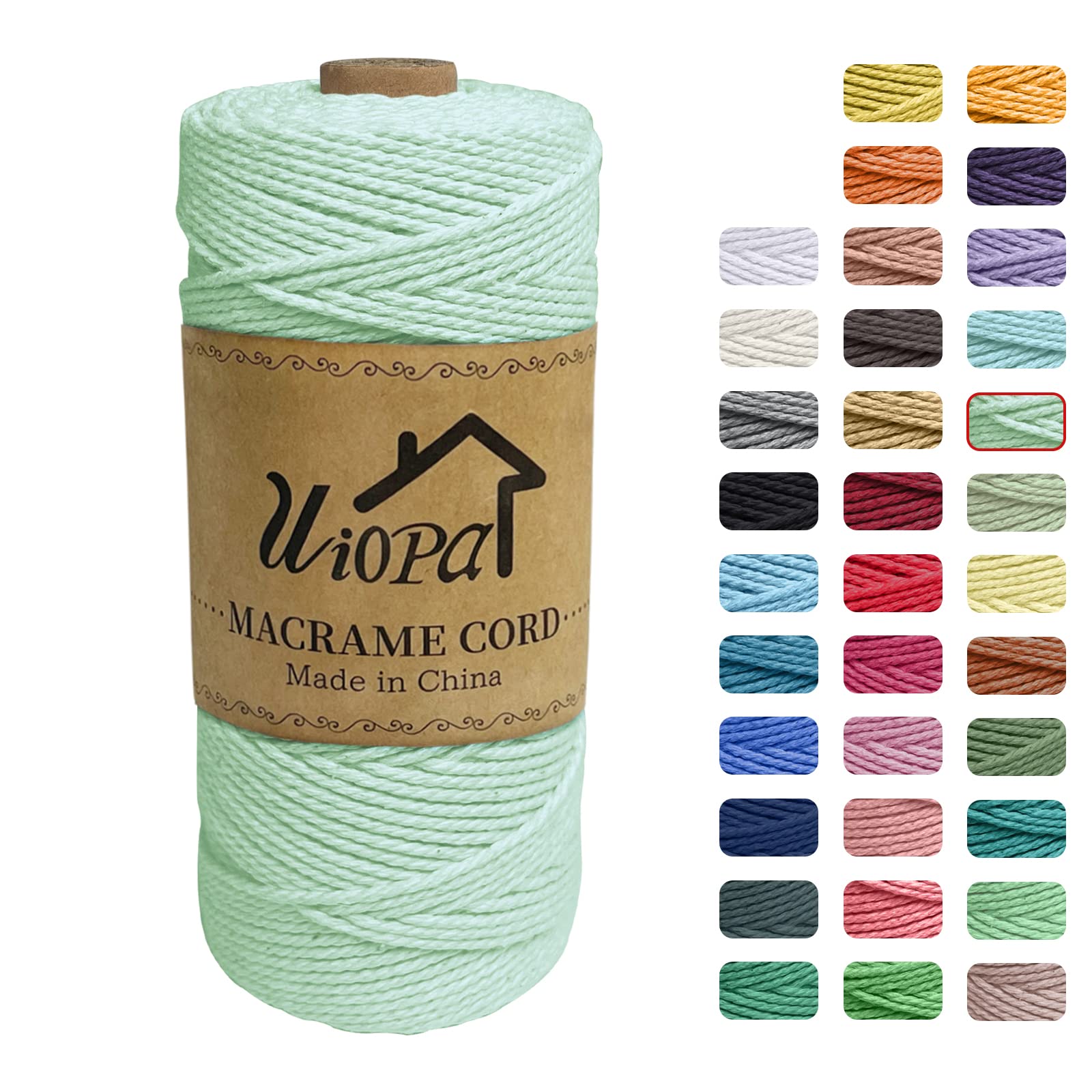 Uiopa Macrame Cord 2mm x 200m, 3-Strand Twisted Natural Cotton String, Macrame Cotton Rope Coloured String for Wall Hanging Plant Hanger Boho Home Decor Craft Projects
