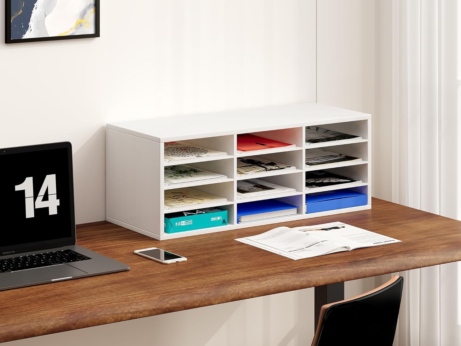 Organizer da scrivania, 12 scomparti, portadocumenti, 4 ripiani, organizer per letteratura, per ufficio, studio, scuola, ufficio