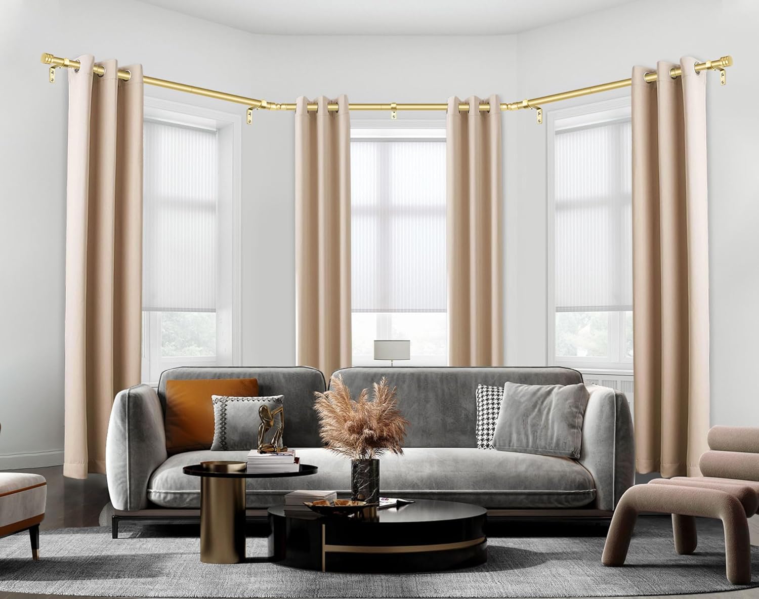 Bay Window Curtain Rods, HOTOZON 7/8 Inch Curtain Rods for Bay Windows 48-84 Inch(Center Rod), 32-58 Inch Side Rods for Windows, Heavy Duty Decorative Drapery Rod with End Cap Finials, Antique Gold Antique Gold 48-84" (3 Sides)