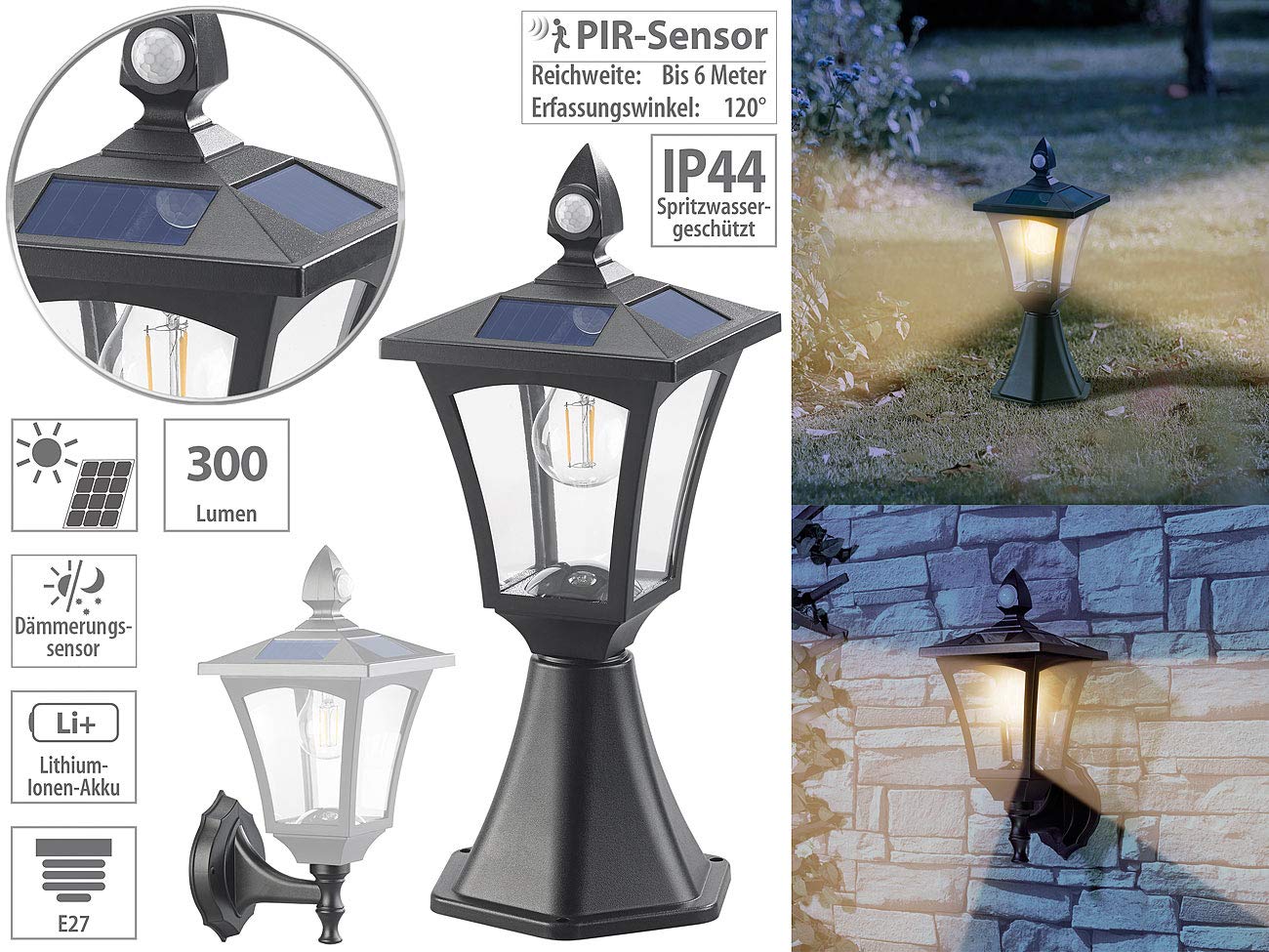 Royal Gardineer Gartenlampe: Solar-LED-Stand- & Wandlaterne, PIR-Sensor, Dämmerungssensor, 300 lm (Solarlaterne mit Dämmerungssensor, Sockel-Laterne, Panel)