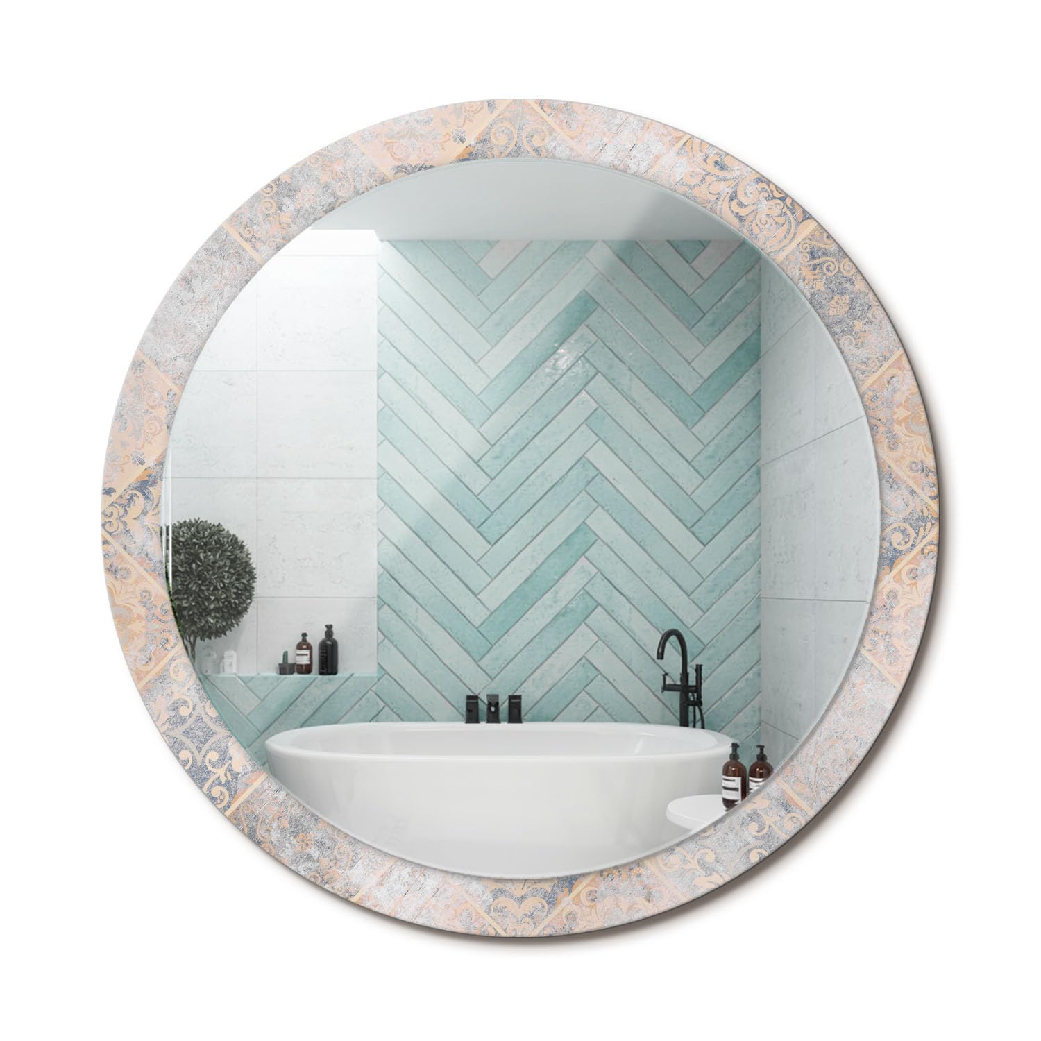 Specchio con Cornice 100 cm | con Bordo in Vetro | Montaggio da Parete | Rotondo | per Soggiorno, Bagno e Sala da Pranzo | Effetto Cornice Decorato - Mosaico dall'aspetto trasandato