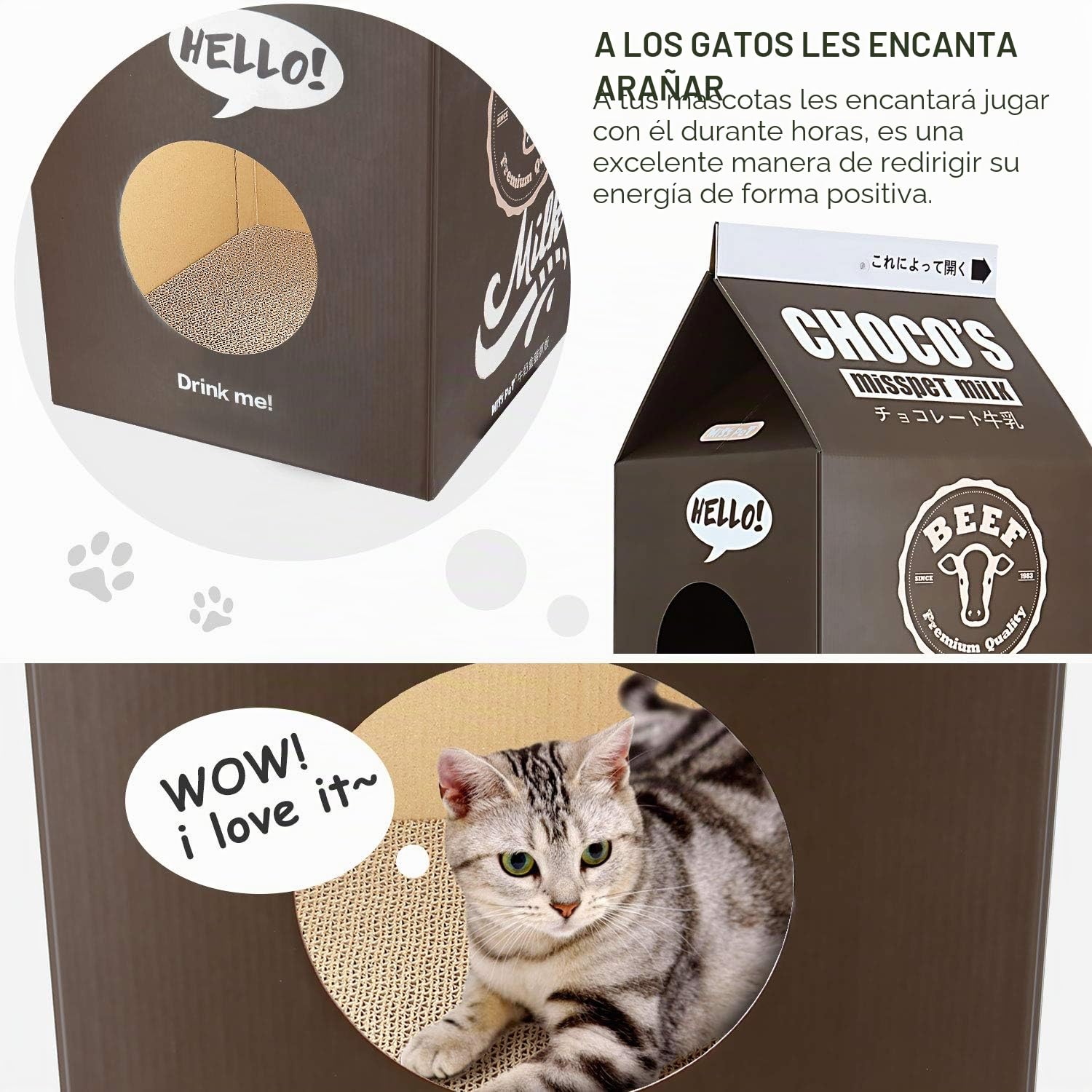 ScratchMe Cat Condo Rascador Poste Cartón, Caja de Leche Forma Gato Rascador Cama Casa, Color Negro, 1 Unidad (Paquete de 1)