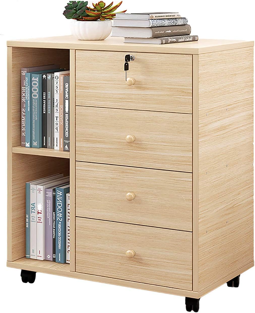 File Drawer Desktop, Four-Layer Chest of Drawers, Bookcase/File Cabinet with Lock and Universal Sliding Wheels, for Under The Desk and Home Storage. (Color : A)