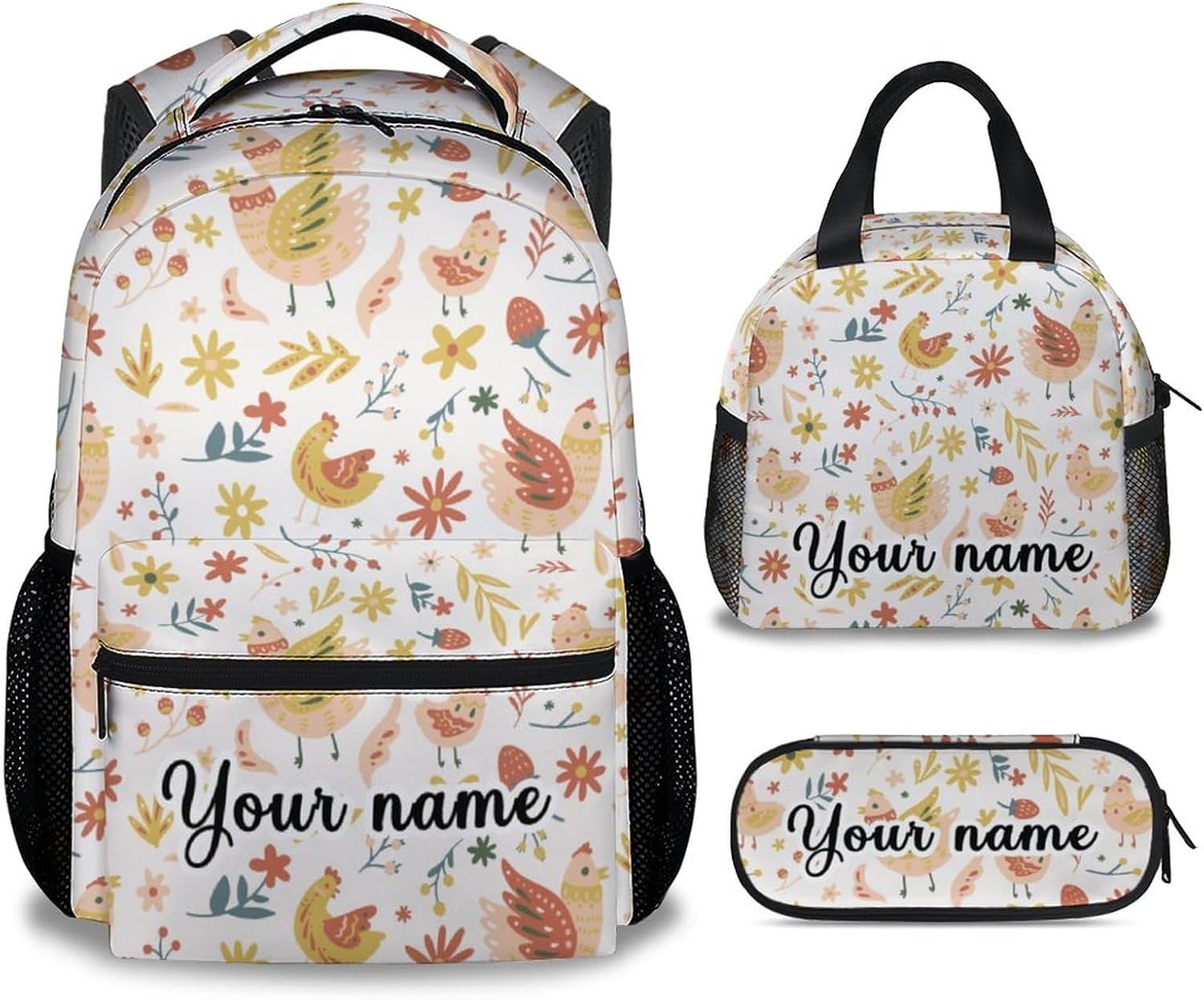 Chicken Backpack with Lunch Box and Pencil Case, 16 Inch Chicken Theme Bookbag with Adjustable Straps, Durable, Lightweight, Large Capacity, School Backpack for Girls Women