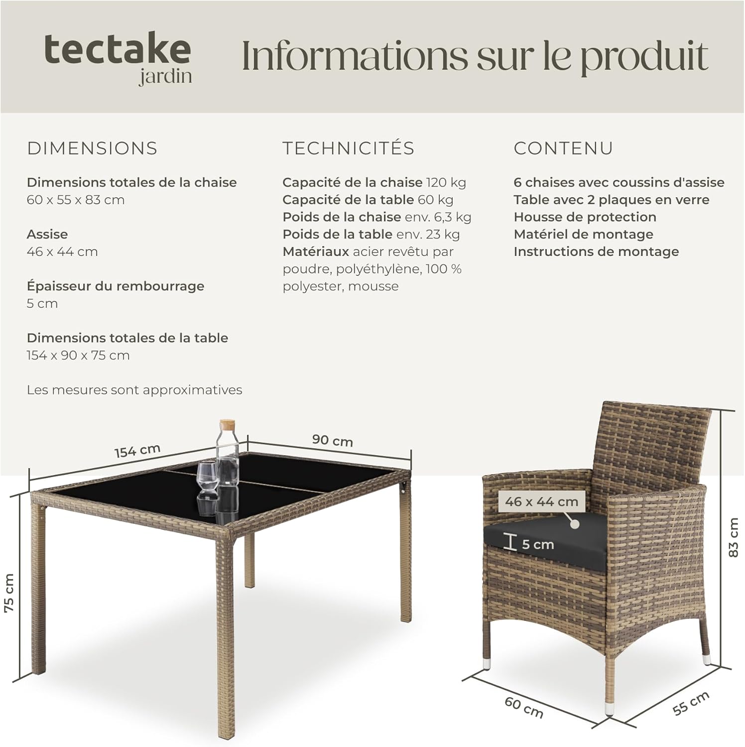 Diagram showing the dimensions of the tectake garden table and chair.