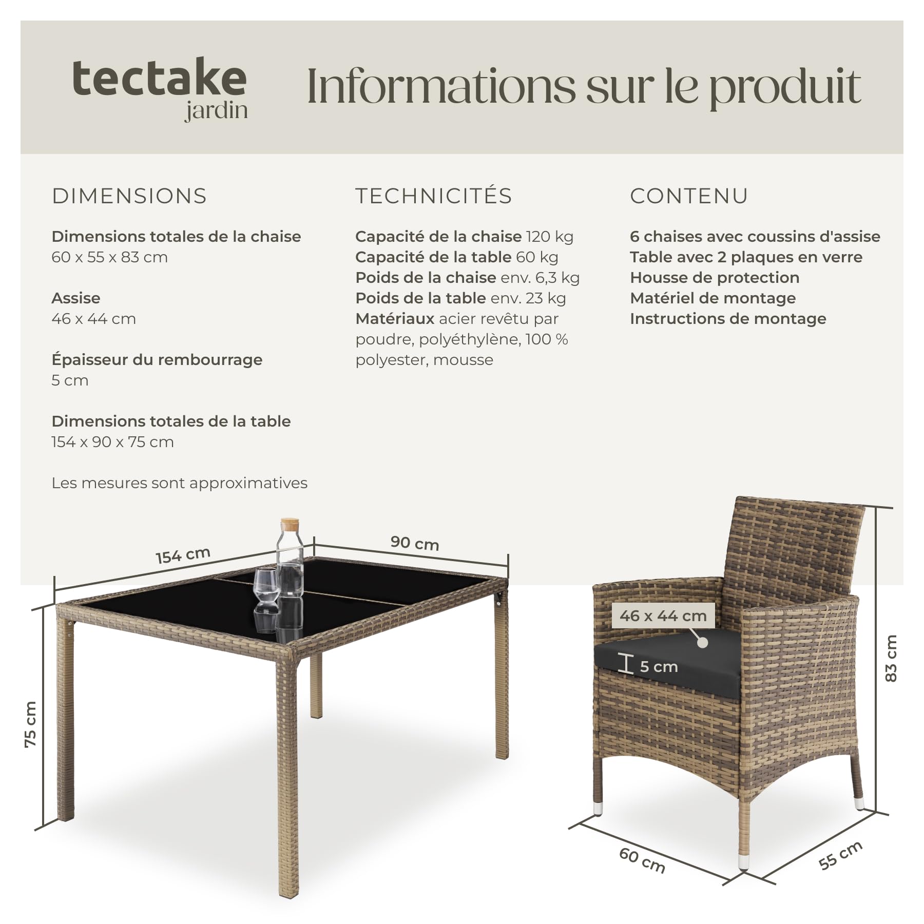 tectake® Salon de Jardin Exterieur en Poly Rotin avec Table de Jardin & 6 Chaise Confortable, Résistant aux UV, Mobilier de Jardin pour Amenagement Balcon ou Terrasse - Marron Naturel/Gris foncé