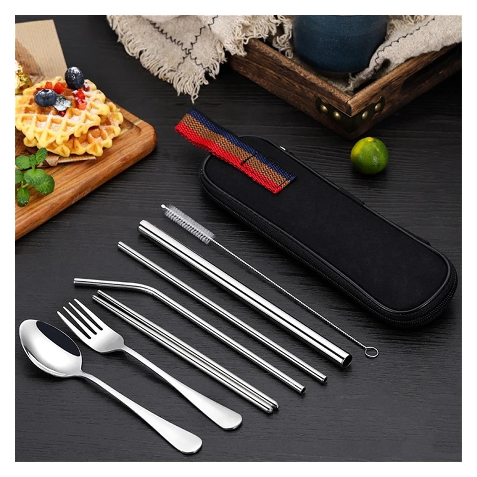 Juego de cubiertos de viaje reutilizables, 8 utensilios portátiles de acero inoxidable con cuchara, tenedor, palillos, pajitas y estuche para camping y viajes