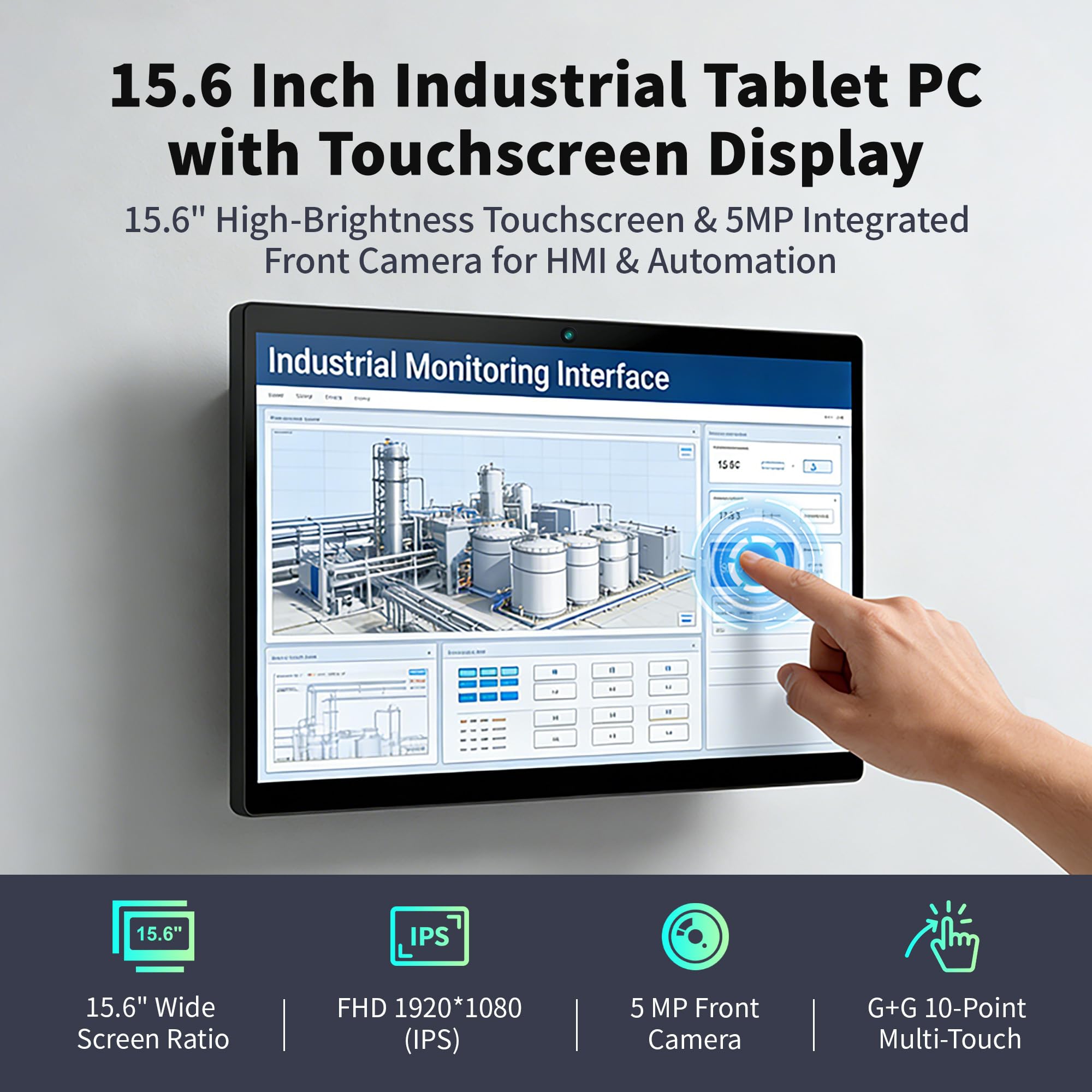 Industrial Pannello PC Win11 Pro Industrial Touch PC, 15,6" Schermo Tattile Tablet Panel All-in-One con Fotocamera Integrata 5MP, N5095 8GB RAM 128GB ROM, 1920 * 1080, Tipo C, HDMI, USB3,0