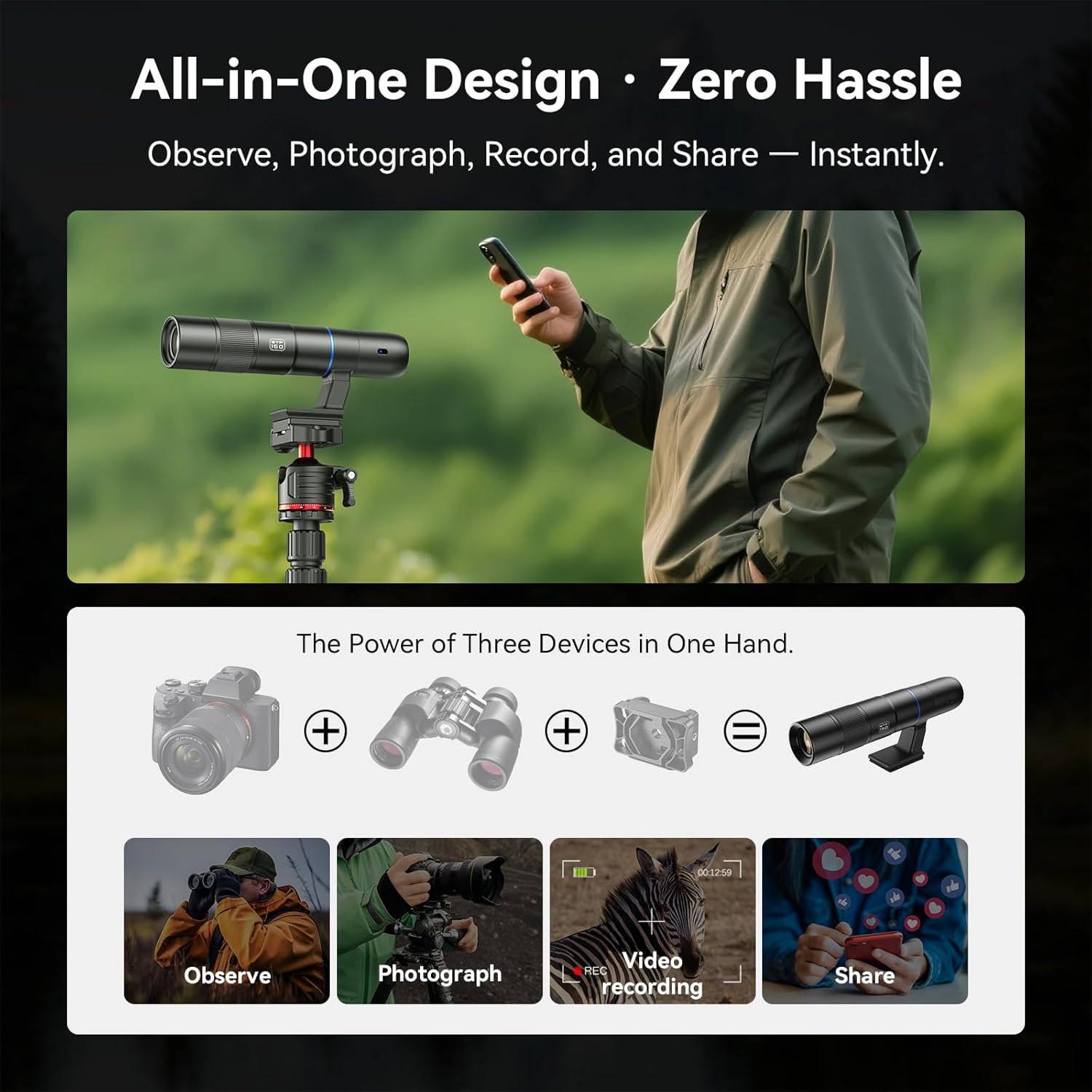 45X Wireless Digital Telephoto Lens with Tripod, High Power HD Electronic Telephoto Phone Lens with 2.4G Wi-Fi App Connect, 1500mAh Battery for Birdwatching, Watch Concerts, Watch Match, Moon Viewing