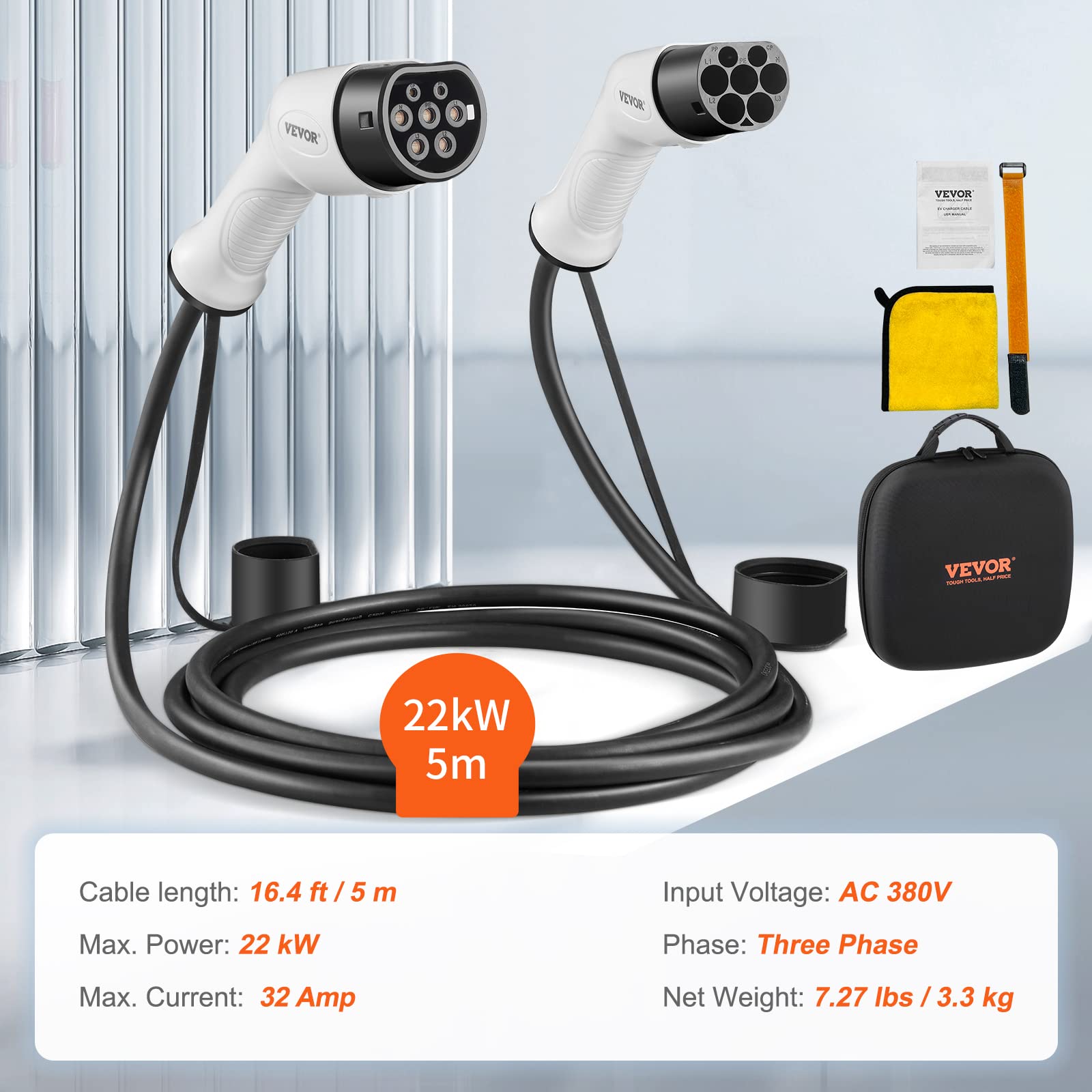 VEVOR Câble de Recharge EV de Type 2 à Type 2 Chargement Monophasé Véhicule Électrique 32 A 22 kW 5,5 m IP66 Étanche avec Sac de Transport pour IEC62196 Véhicule Électrique Hybride Rechargeable CE TÜV