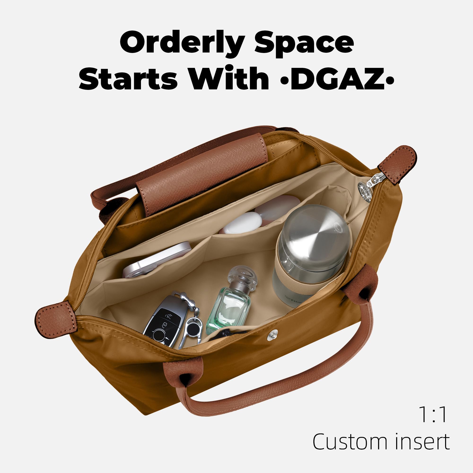 DGAZ Organizador de Bolsos Interior, Inserto para Longchamp Le Pliage, Forro de Seda y Exterior de Papel Dupont, con Bolsillo con Cremallera y Tira Sujeta-Botellas, Ligero (Chai, M Asas largas)