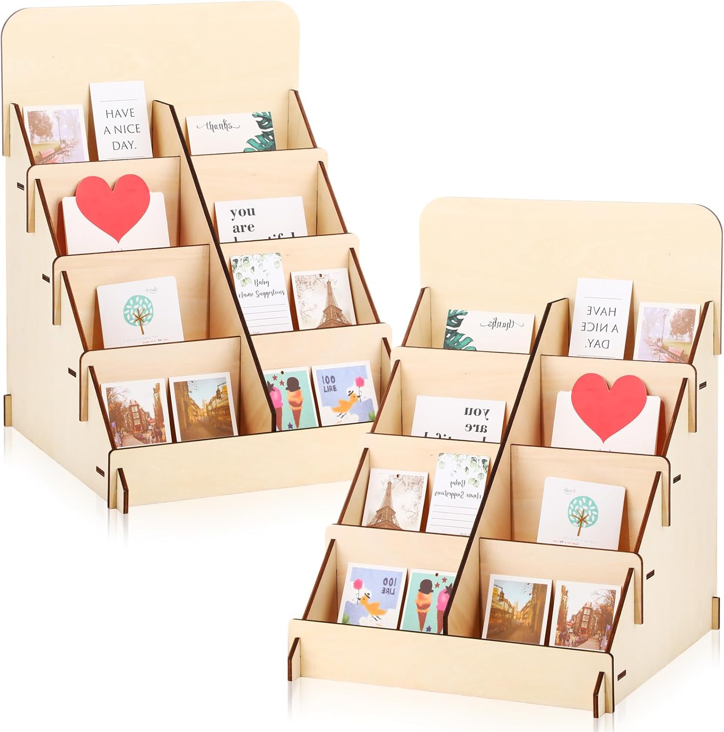 Wonderjune 2 Pcs Greeting Card Display Stand 4 Tiered Wooden Retail Display Stand Collector Card Wooden Organizer Rack for Postcard Photos Bookmark Vendors Retail Stores Counter Shows