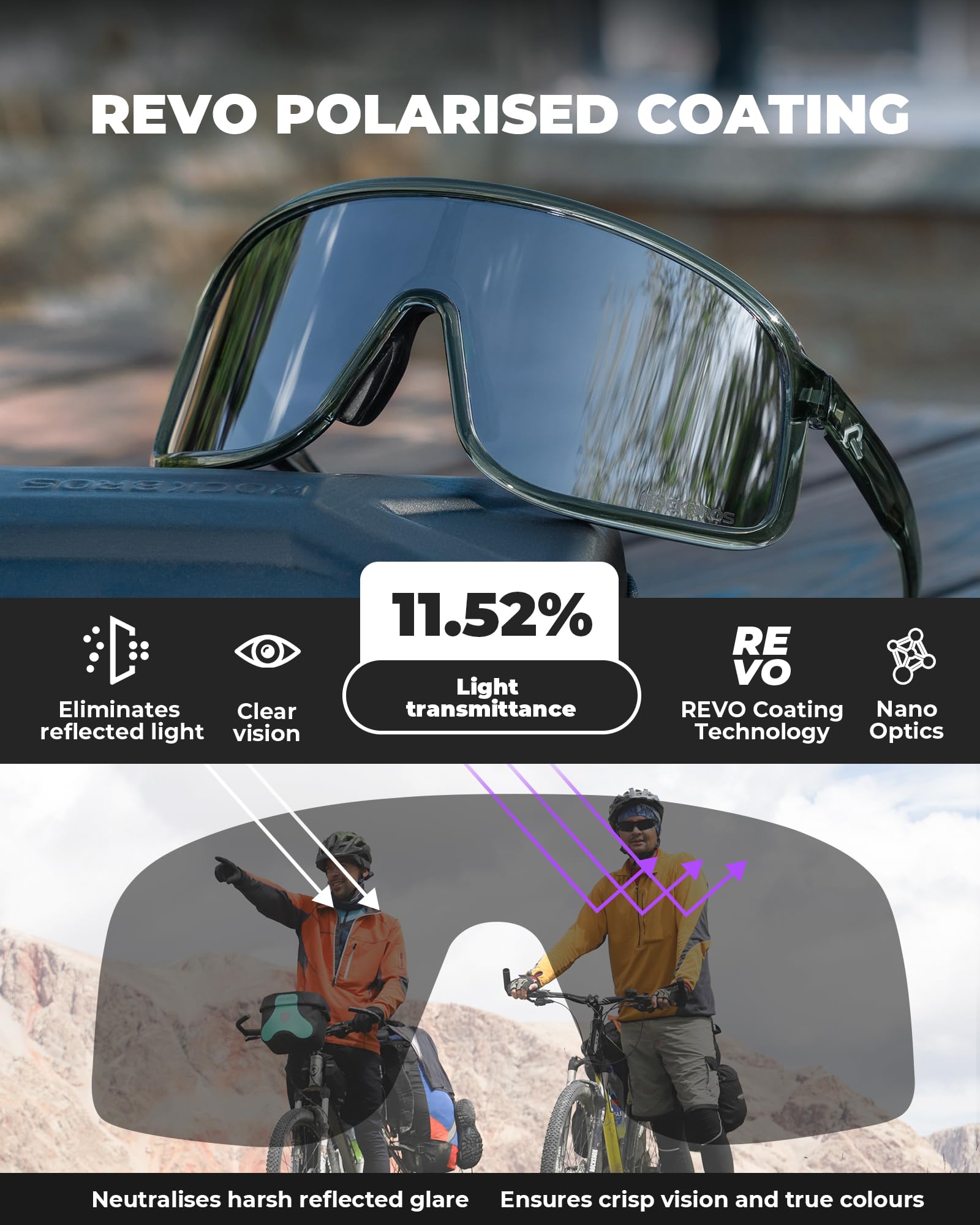 ROCKBROS Polarisierte Fahrradbrille Sonnenbrille, UV400 Schutz, Ultraleicht TR90 Rahmen Sportbrille, Austauschbare Nasenpads Cycling Glasses für Herren Damen Radfahren MTB Laufen - 3