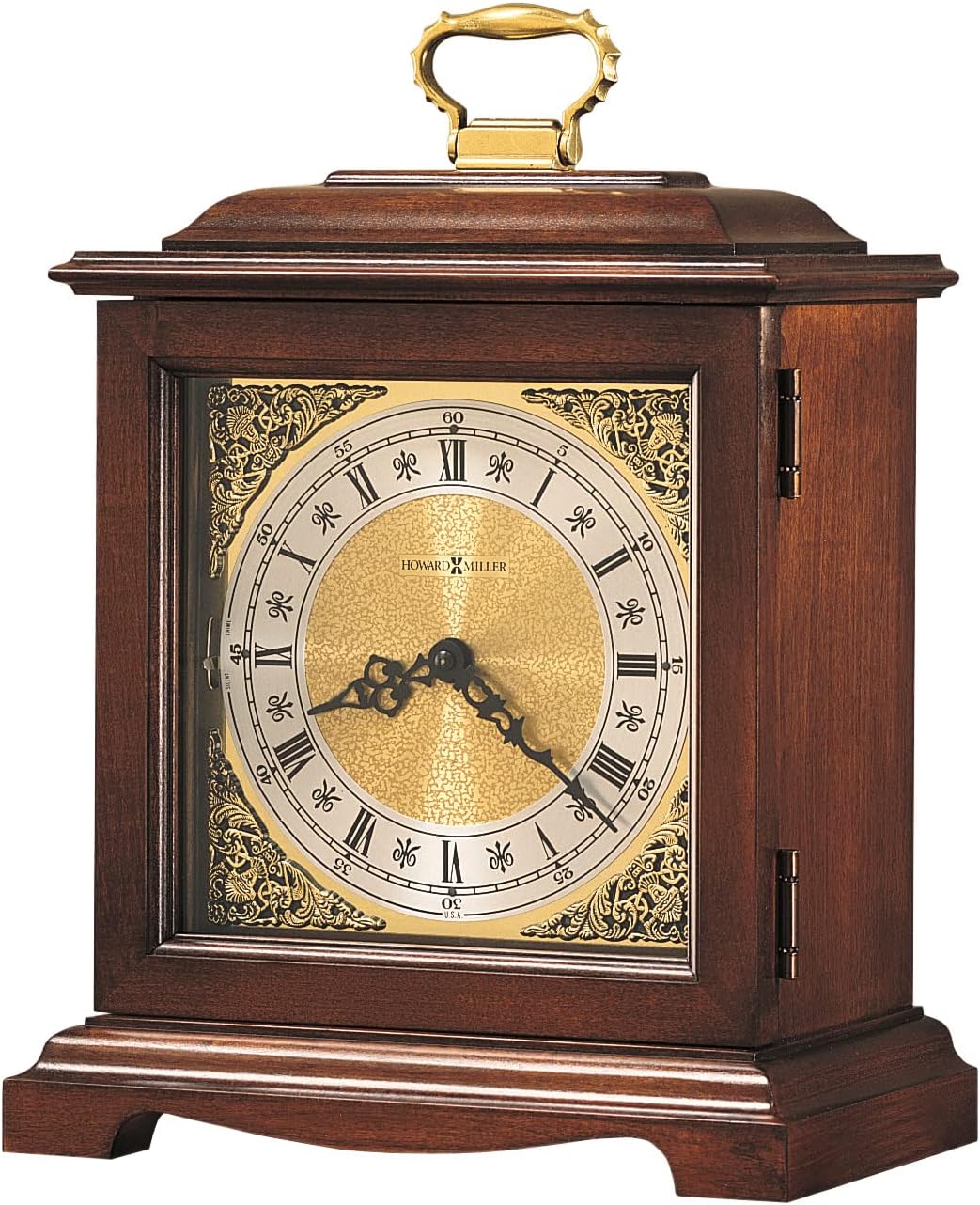 Howard Miller Mantel Clock with Brass-Finished Dial, Antique-Style Wooden Analog Clock with Dual-Chime Movement, Portable & Nighttime Shut-Off, Perfect for Living Room, Bedroom & Office Desk Décor