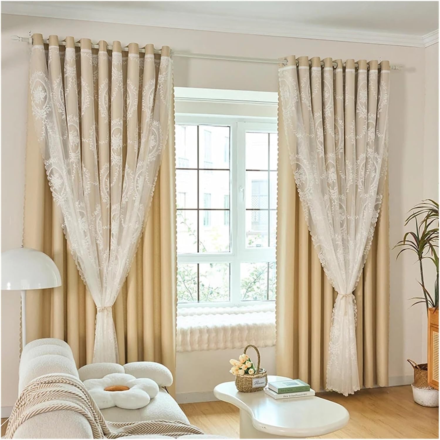 Thermal Insulated Blackout Curtains 2 Pieces Light Beige Floral Blackout Curtain with Protection - 100% Polyester Grommet Top Window Drapes(1.4X223)