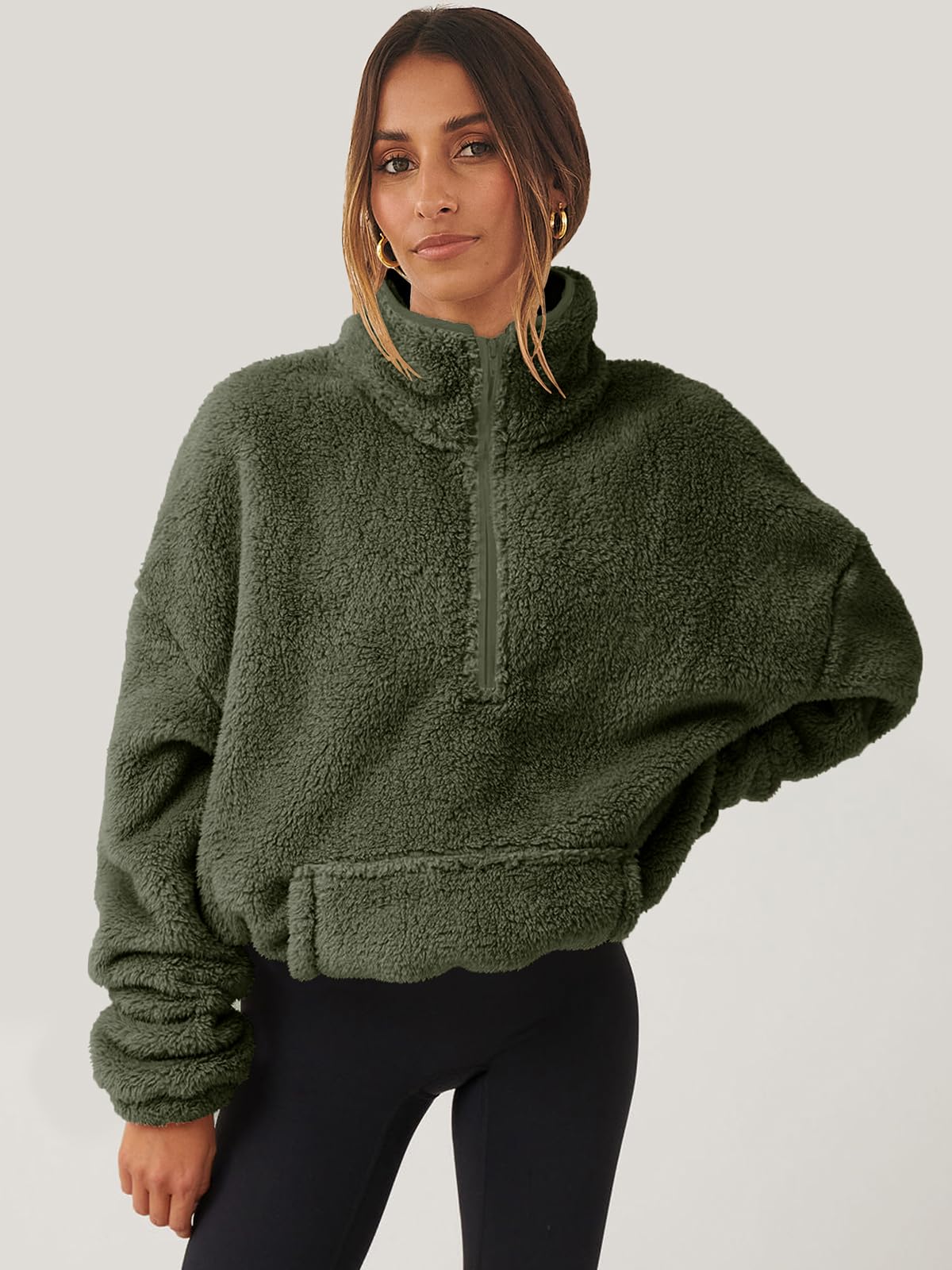 Damskie rozpinane bluzy oversize przycięte bluzy z kapturem na co dzień sweter z polaru topy 2024 moda jesienna, ciemnozielony, XL