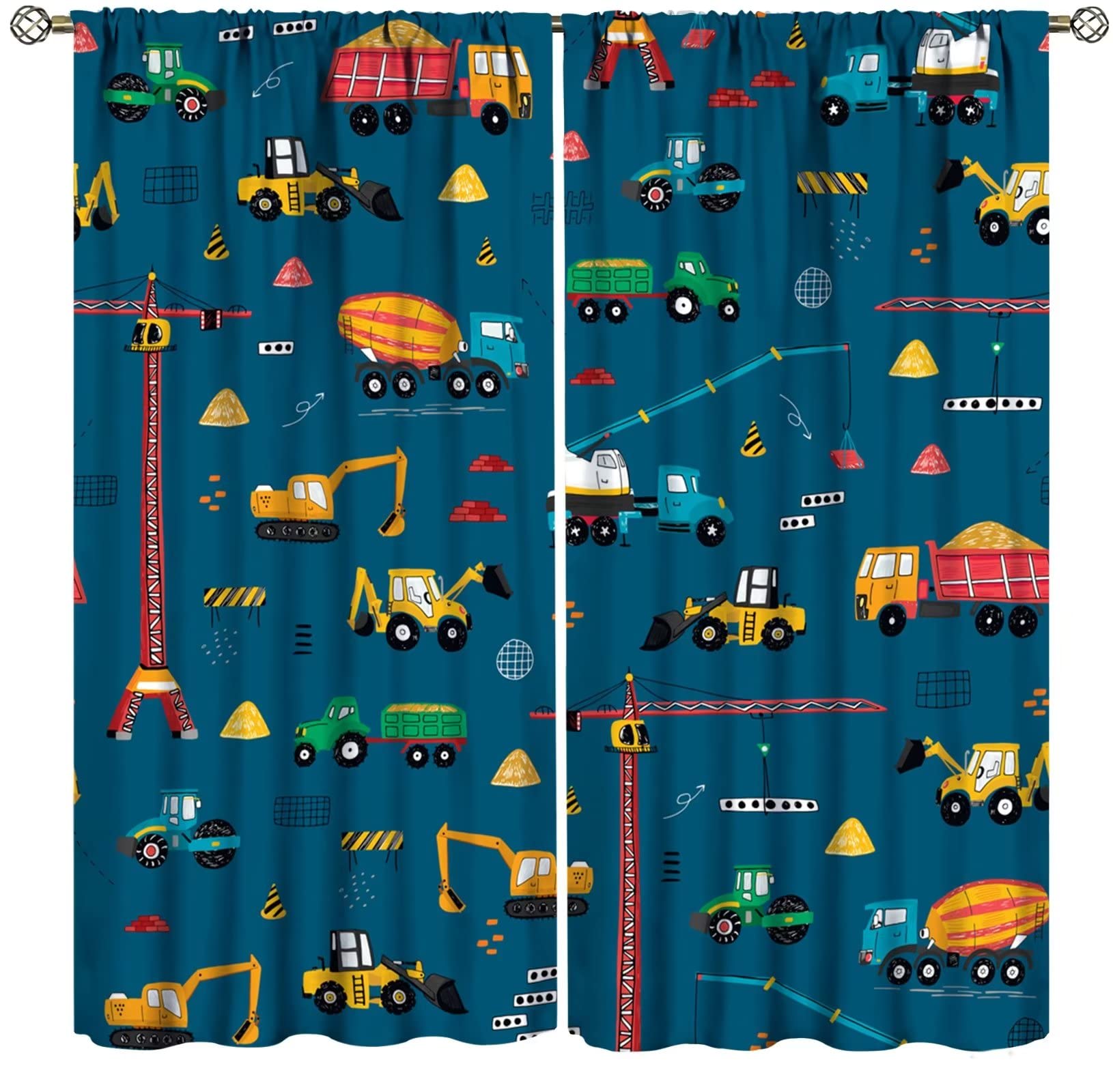 Cartoon Truck Print Curtains for Kids Room, Bucket Truck Thermal Insulated Noise Reducing Blackout Rod Pocket Window Drapes for Boys Girls Bedroom Living Room 72x63in