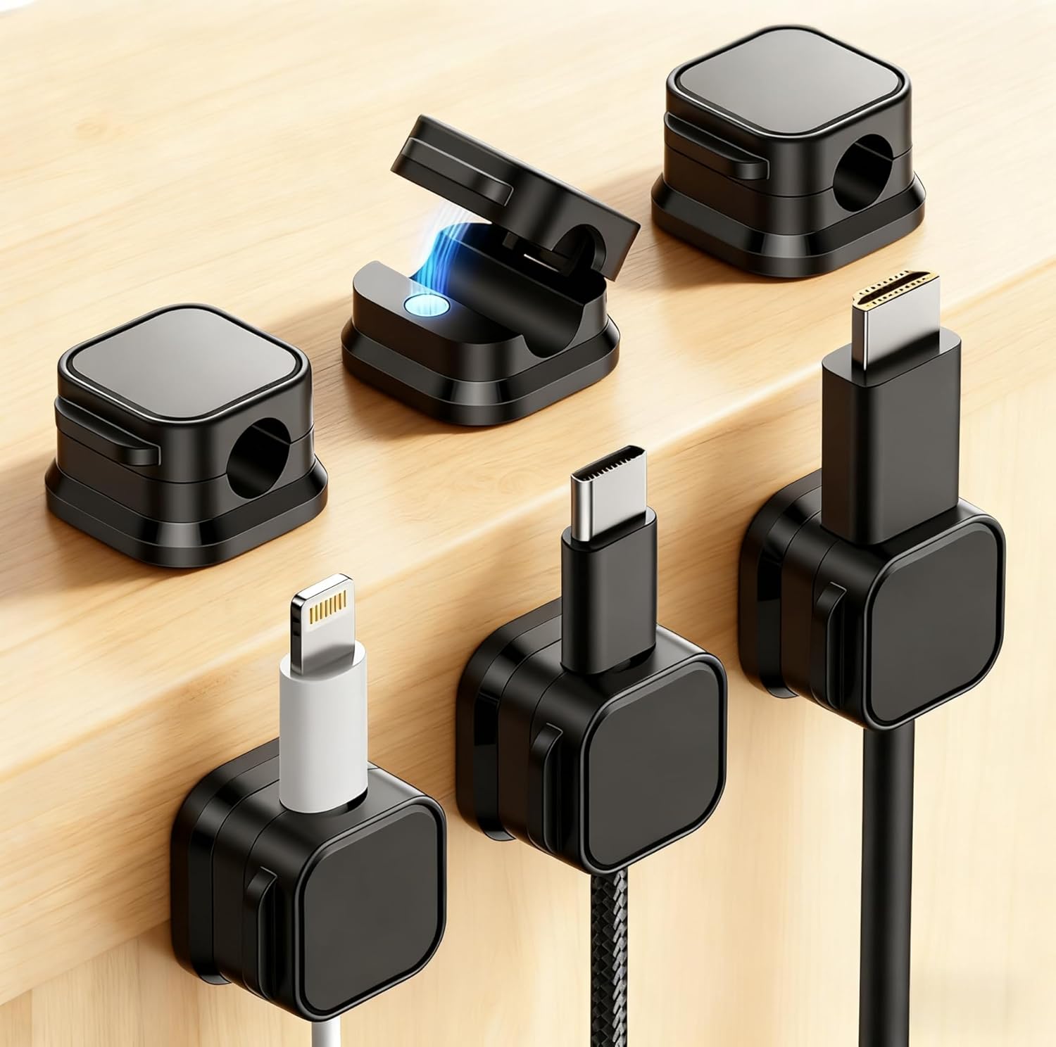 6 Pack Magnetic Cord Organizer, Reusable Strong Adhesive Cable Clips for Desk, Home Office, Car, Computer Wires & Charging Cables (Black)​​