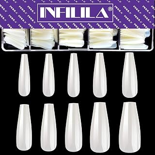 NXJ INFILILA Full Cover Coffin Nails Tips, 500pcs Press on Nails Ballerina Shape Fake Artificial 10 Sizes with Storage Box, Professional False Nail Tip for Salon Extensions Home DIY Salon