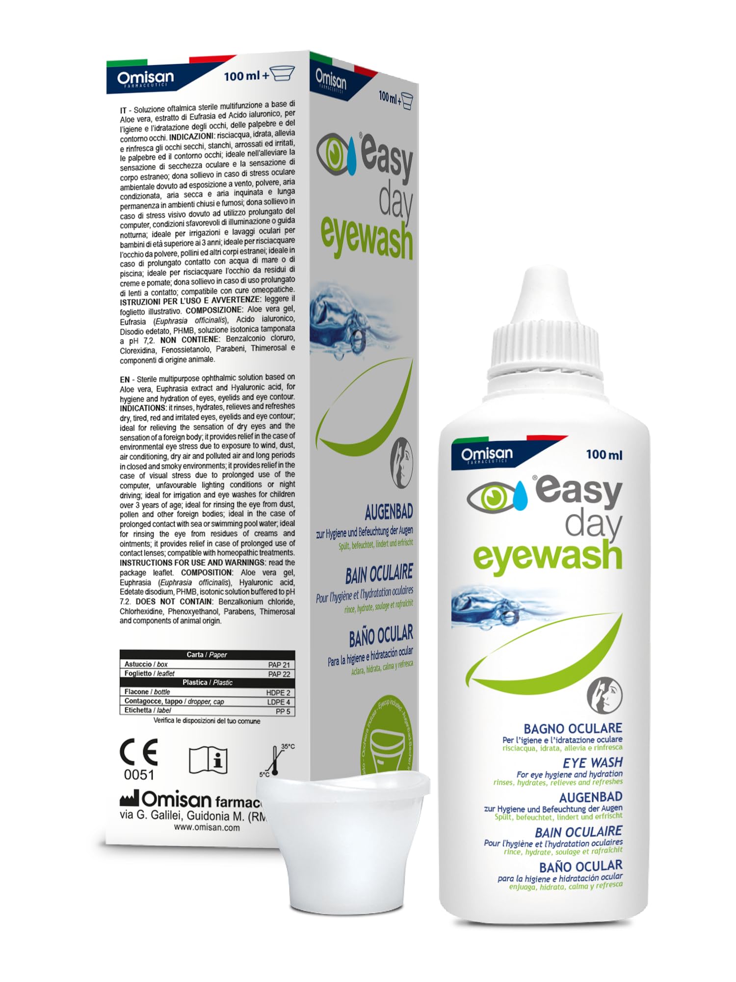 Easy Day Bagno Oculare Multi Azione, per Occhi Rossi, Stanchi e Irritati. Con Acido ialuronico ed Estratti Naturali - 100ml + Occhiera
