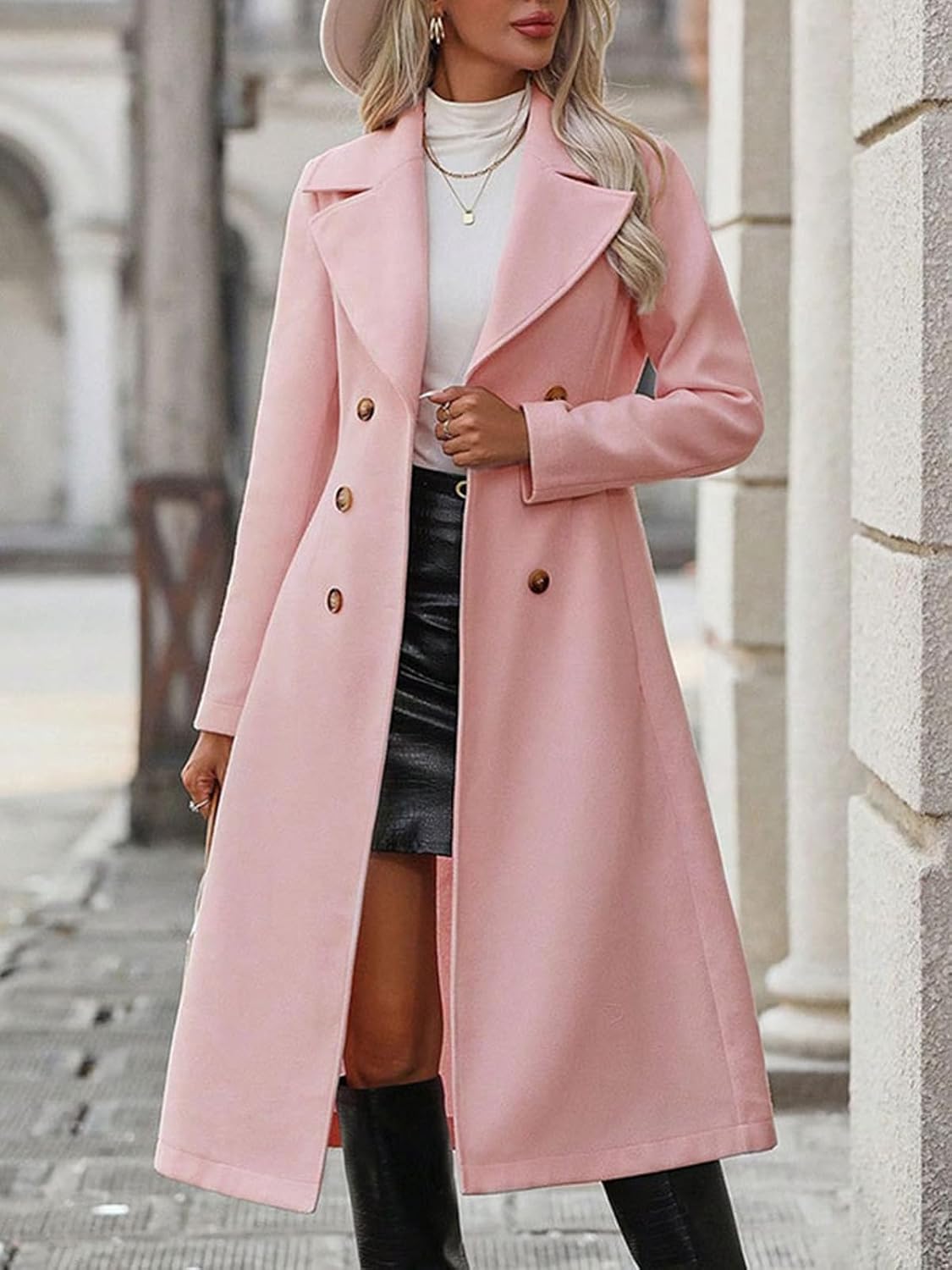 Women's Notch Lapel Double Breasted Pea Coat Wool Blend Swing Long Trench Coat with Pockets
