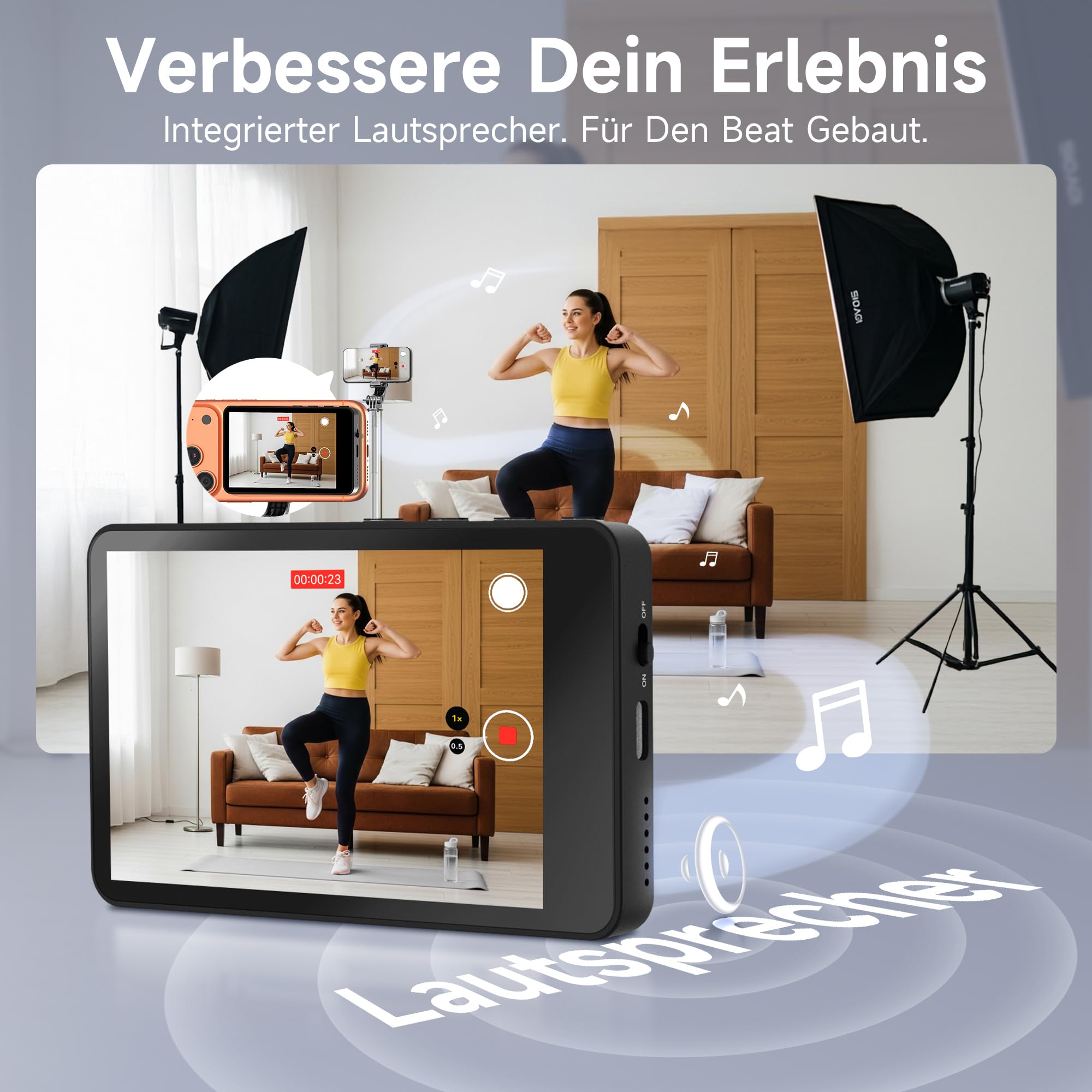 SYNCO XView Handy Selfie Monitor, Magnetischer Smartphone Vlog Bildschirm für iPhone & Android Rückkamera Kabellos 50M 3H Akku, mit Lautsprecher für TikTok YouTube Livestream (Schwarz)