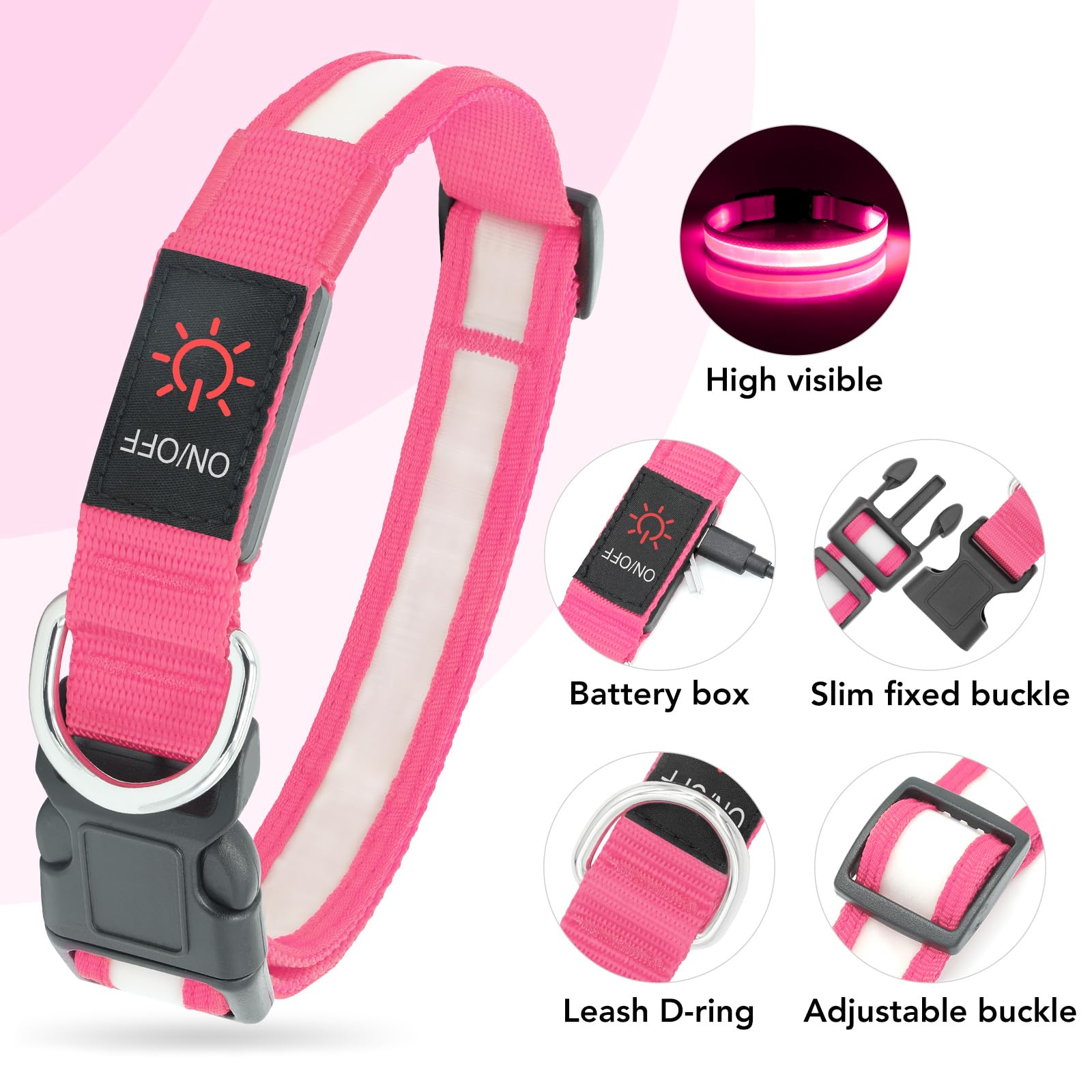 Vizpet Collar de perro con luz LED, ajustable, recargable por USB, súper brillante, luz de seguridad brillante para perros (mediano, rosa)