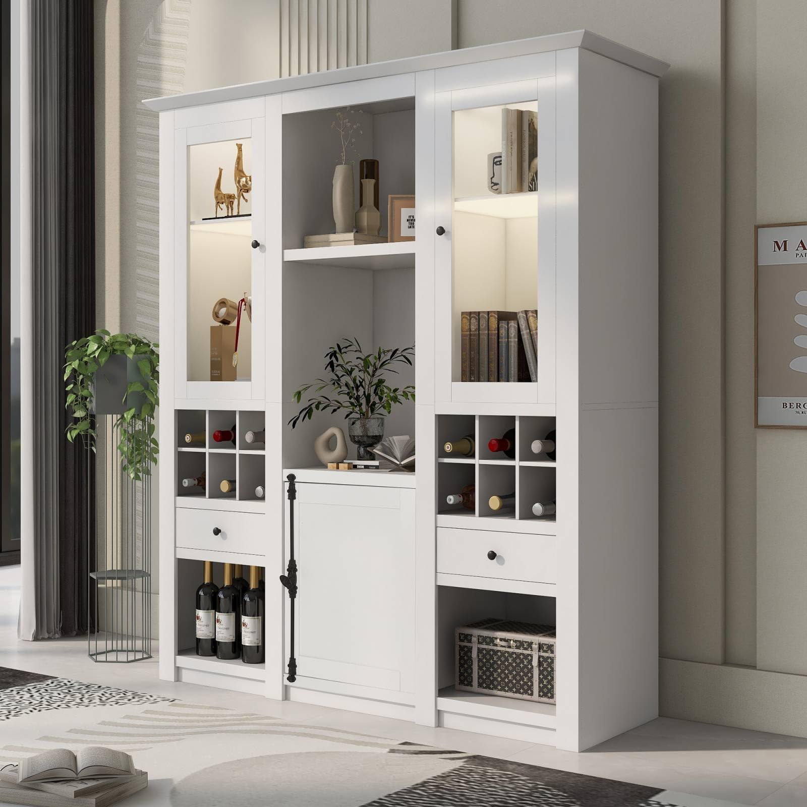 PUGSDRLY Armoire de Rangement Moderne Avec Portes - Buffet Polyvalent Avec Lumière LED et Étagères Pour Salon (143 x 45,5 x 170 cm)