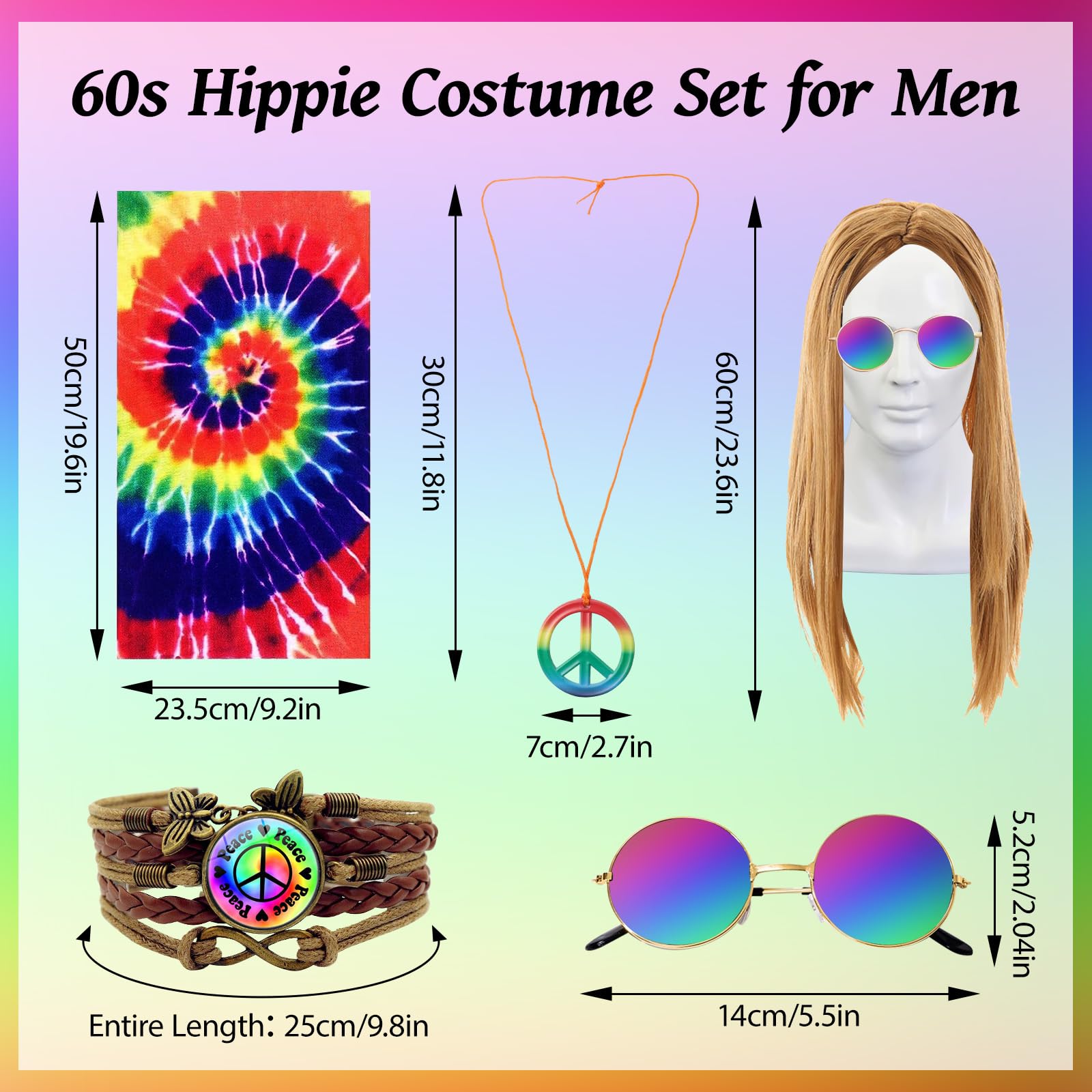 GOTRUST 5pcs Hippie Costume Set, 60s 70s Hippy Fancy Dress Accessories with Tie Dye Headband, Peace Necklace - Image 2