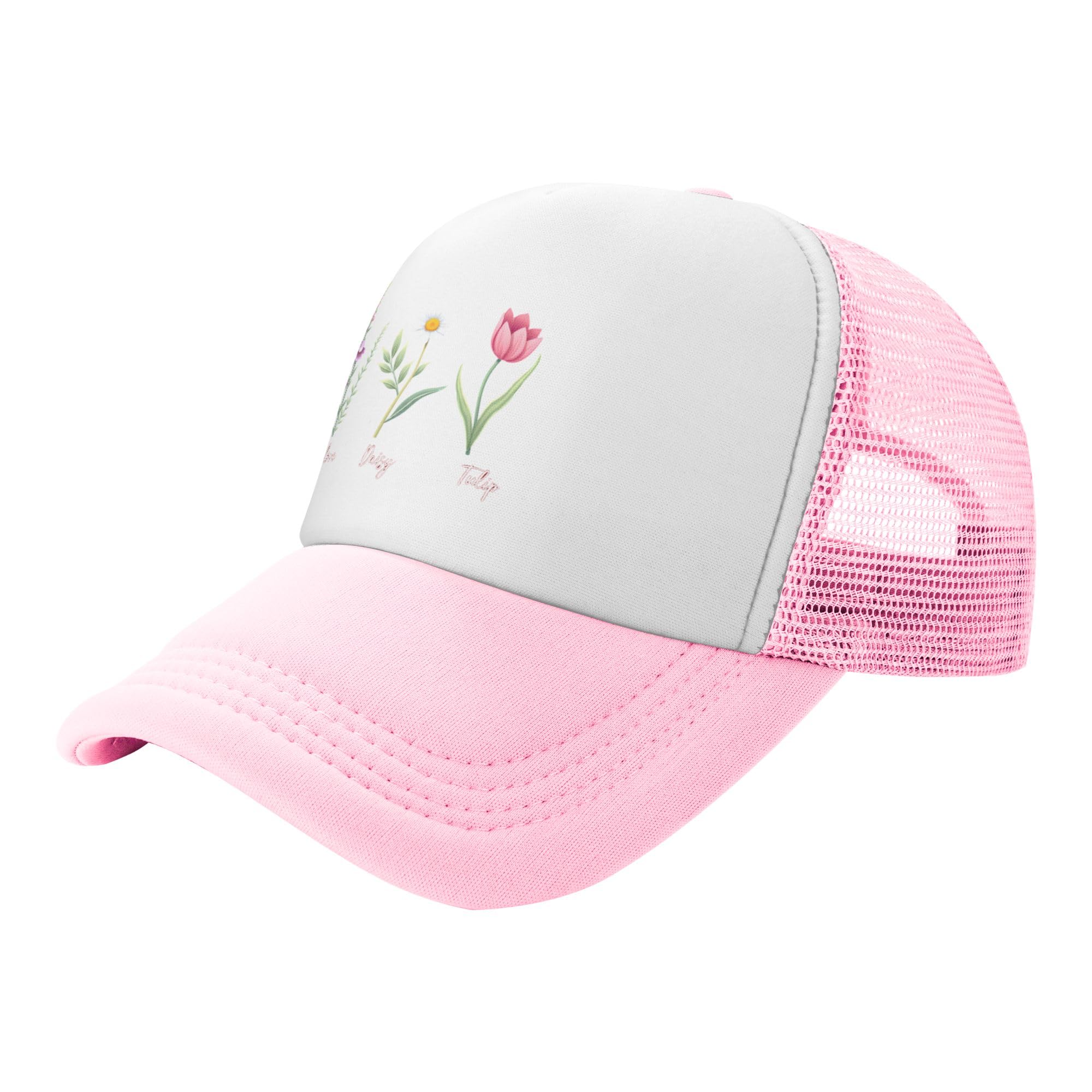 FDT Floral Foxglove Daisy Tulip Trucker Hat Resist Baseball Cap Mesh Back Adjustable Hats for Kids - Pink
