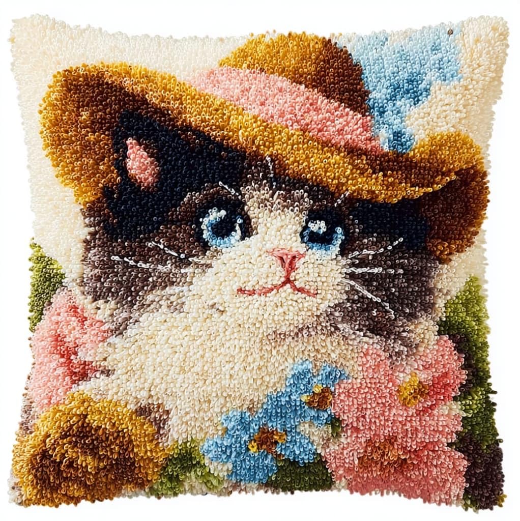 AxiangziK Latch Hook Pillow Making Kit 43x43cm,Cat Wearing a Flower hat