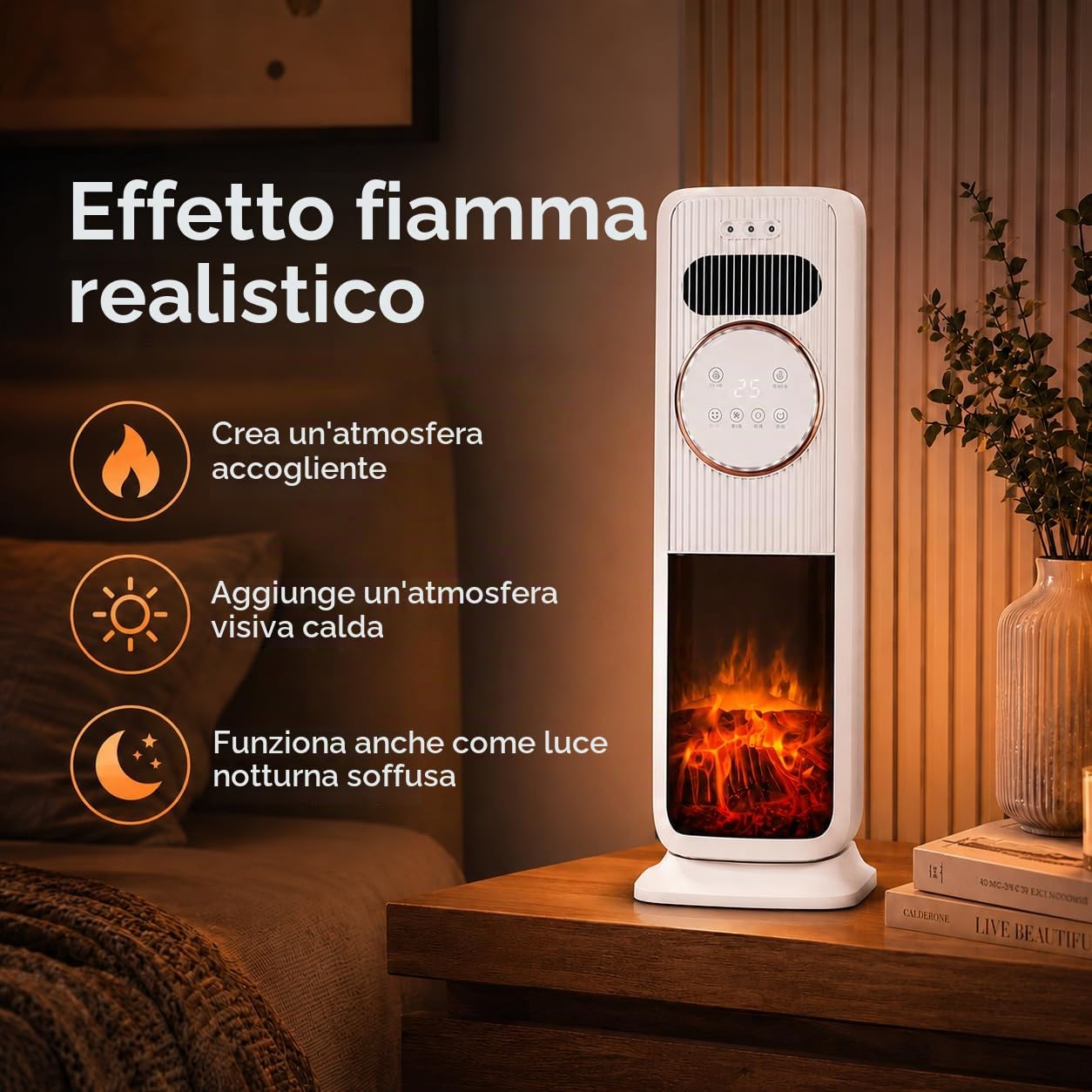 Raffrescatore d’Aria con 5 Modalità Caldo e Freddo, Condizionatore Portatile Senza Tubo con Effetto Fiamma e Oscillazione 180°, Raffrescatore Evaporativo per Casa Ufficio Camera Salotto (Bianco)