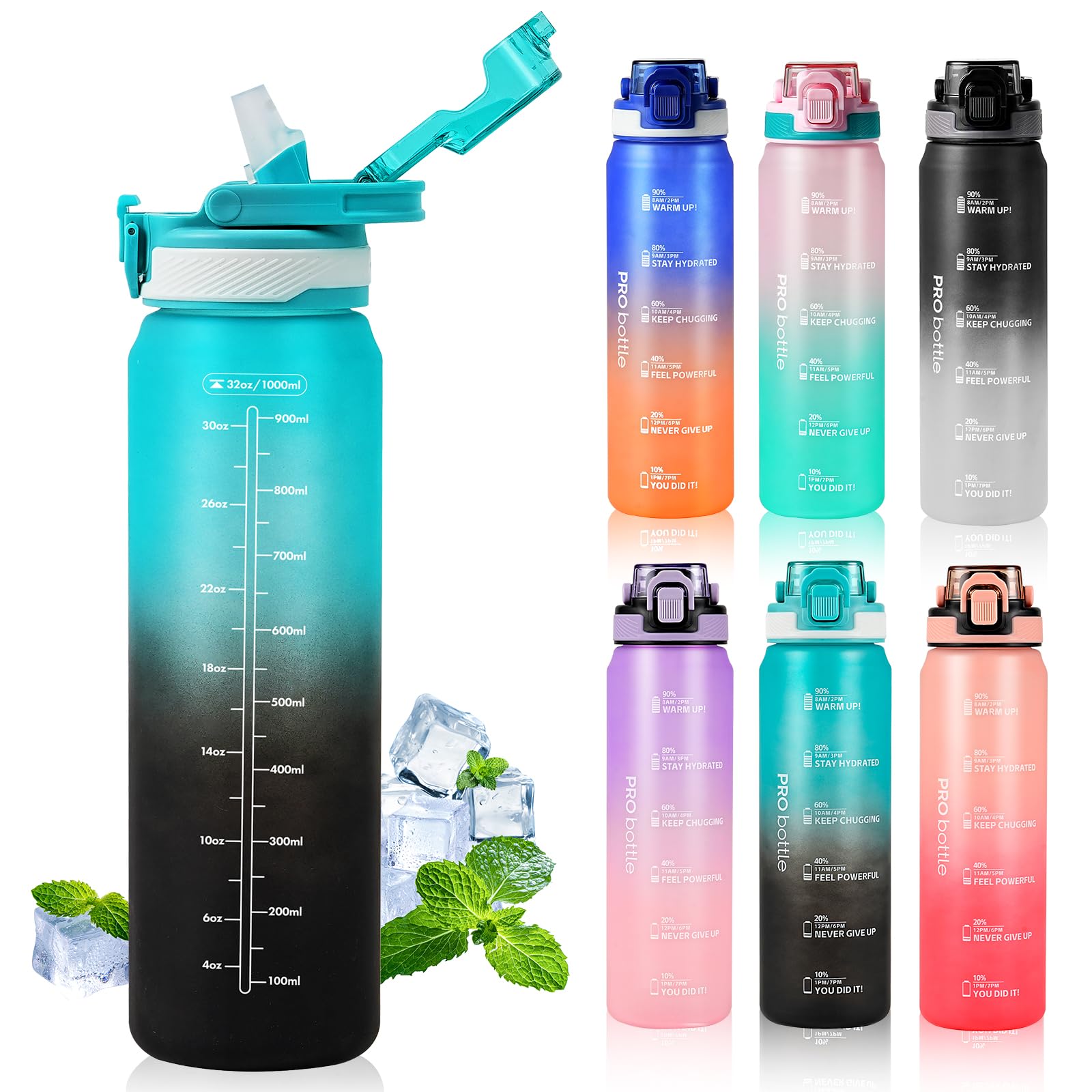 SEASEVEN Sports 1L Water Bottle with Straw,Plastic Drinks Bottle,1 Litre Water Bottles with Time Markings,Waterbottle Leak Proof-Bpa-Free for Gym,School, Office,Travel (Cyan-Black)
