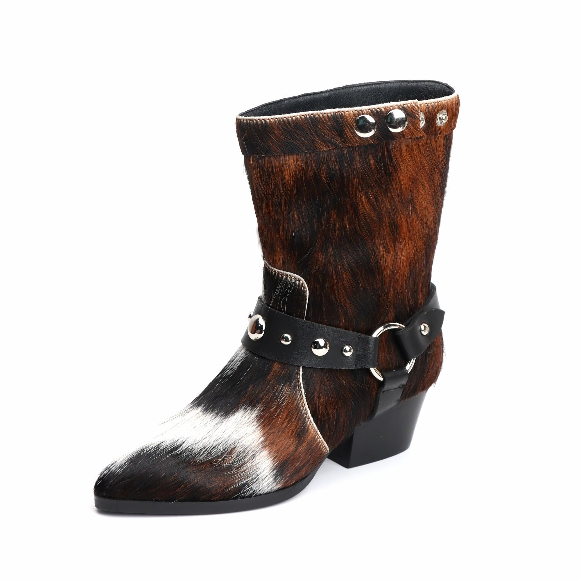 XOBZJH Womens Western Cowgirl Boots Genuine Calf Hair Leather Mid-Calf Cowboy Boots with Harness Strap Pointed Toe Block