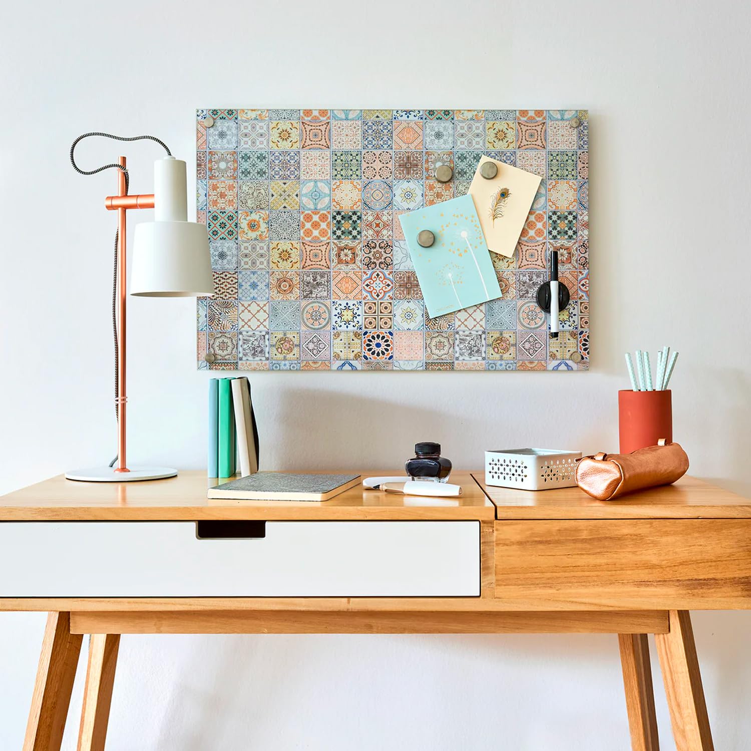 Pizarra magnética efecto mosaico – Planificador de pared para notas para nevera con rotulador, cristal, 60 x 40 cm