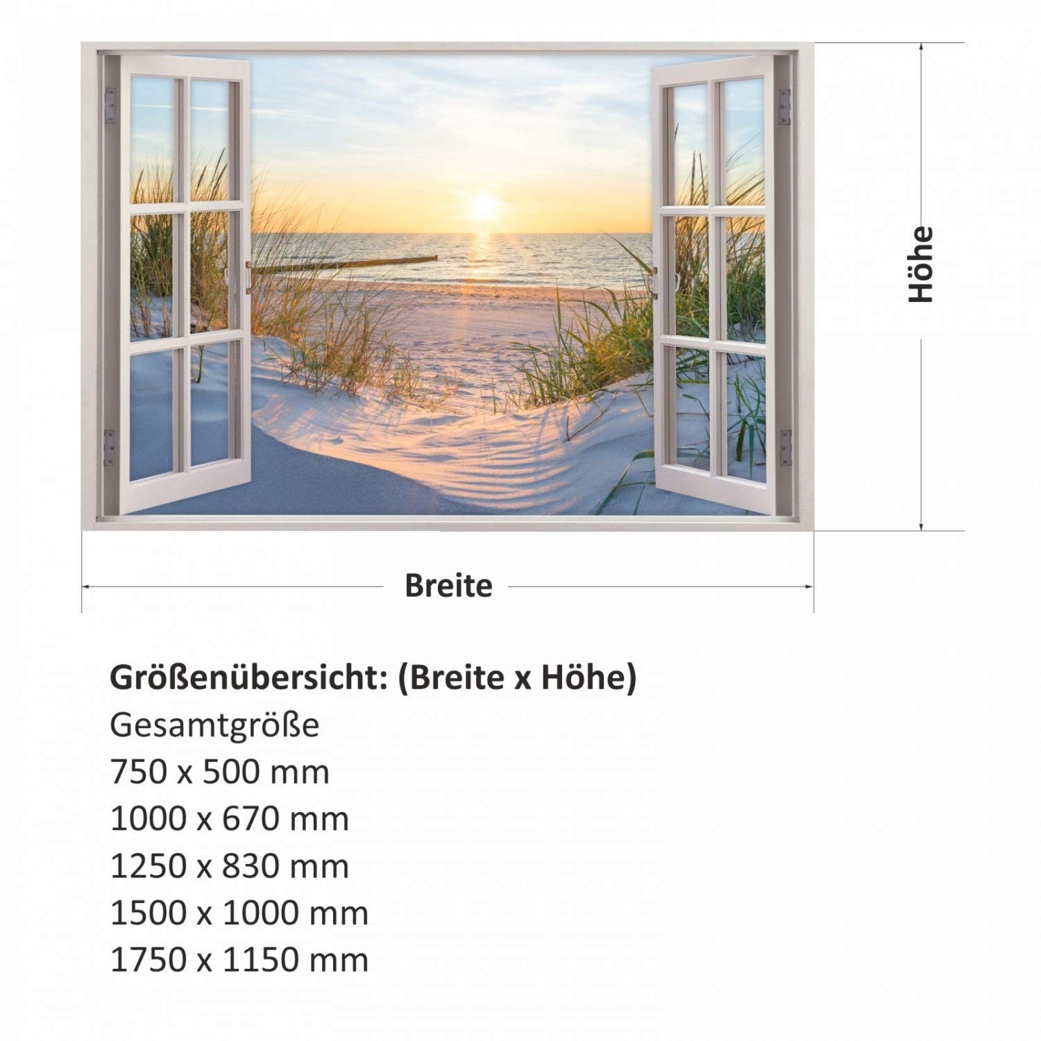 nikima Schönes für Kinder 153 Wandtattoo Fenster - Ostseestrand Maritim - in 5 Größen - Sonnenuntergang Wandbild Wanddeko - Größe 1250 x 830 mm