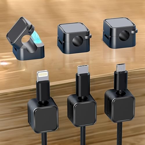 Miniatura 1 de Paquete de 6 soportes magnéticos para cables negros, clips adhesivos para cable de escritorio y automóvil, organizador de cables para mesita de