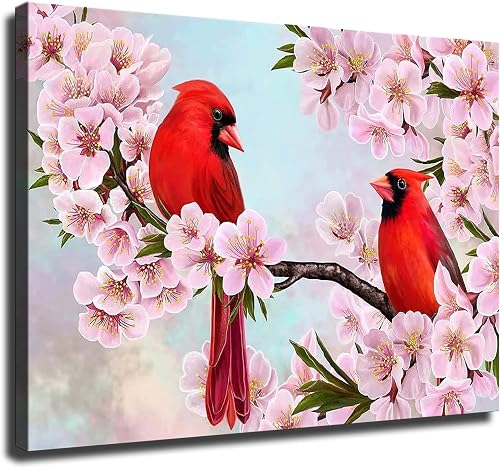 Cardinal Bird with Spring Cherry Blossoms Poster Canvas Print Painting Picture W