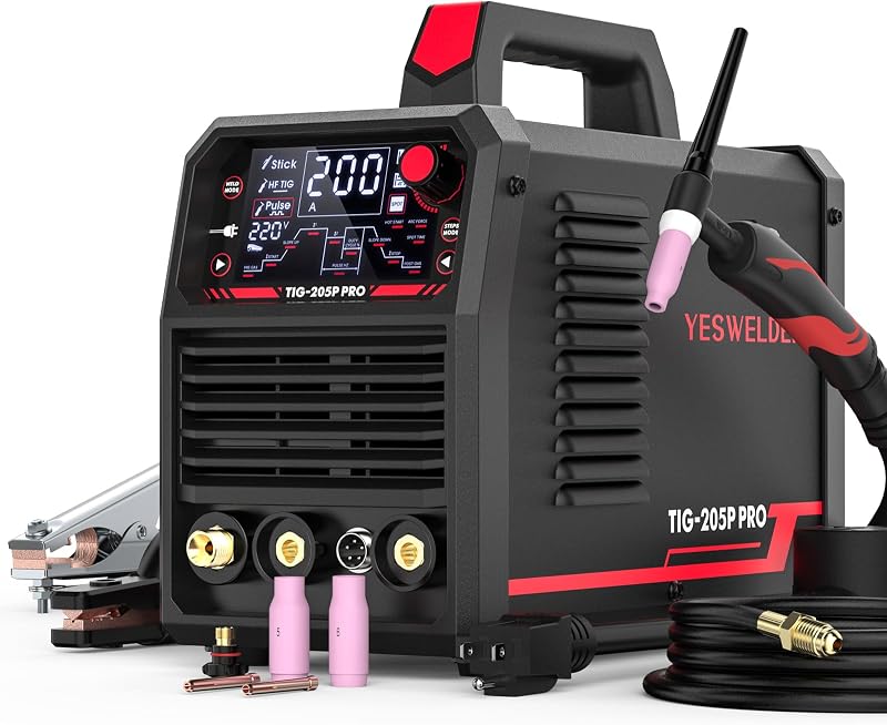 Soldador Tig 205A Pulso STICK/DC TIG/PULSO TIG 3 en 1 TIG-205P | Máquina de soldadura TIG de doble voltaje con pantalla LED grande de 110 y 220 V