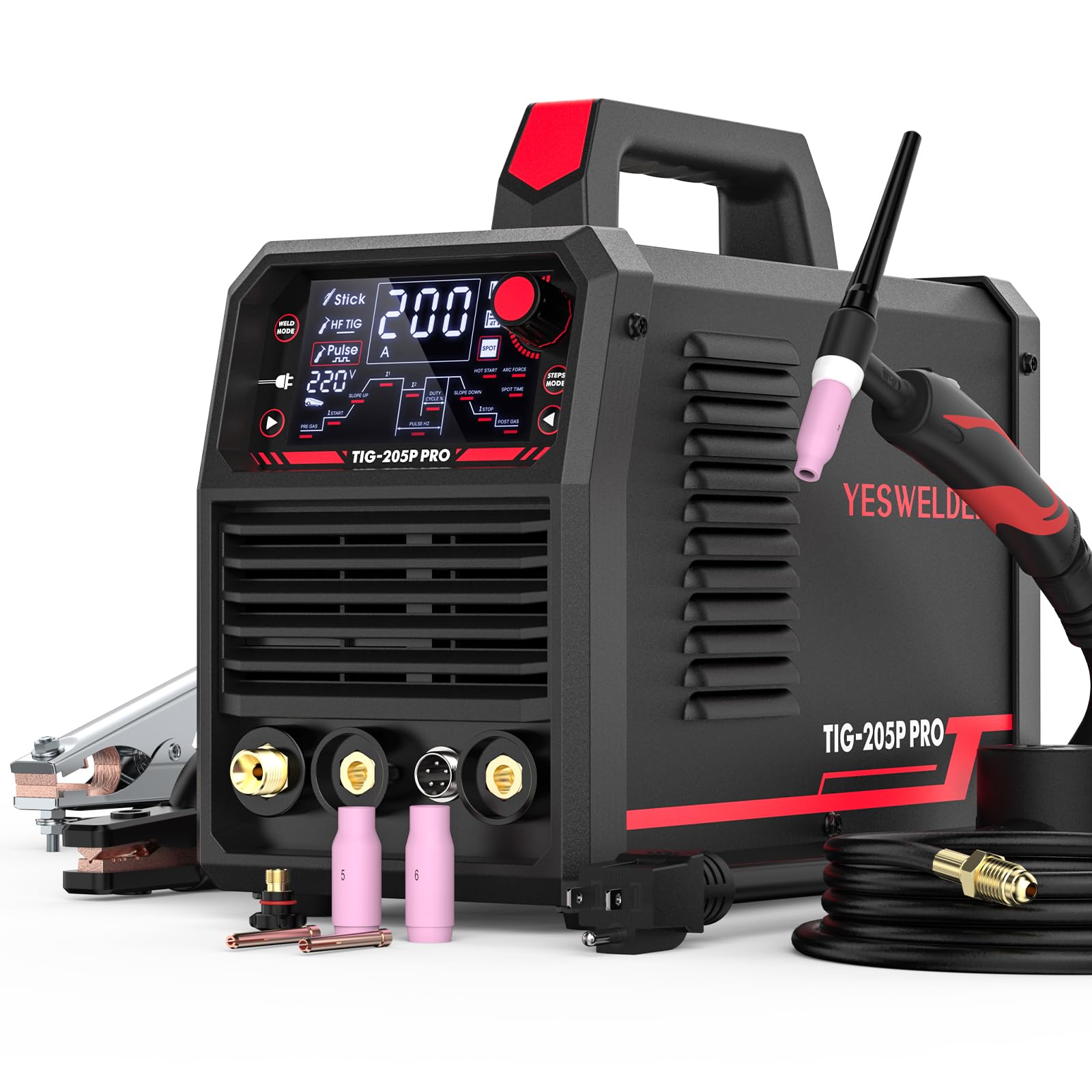 YESWELDER 205A Tig Welder with Pulse Large LED Display, STICK/DC TIG/PULSE TIG 3 In 1, 110&220V Dual Voltage TIG Welding Machine TIG-205P