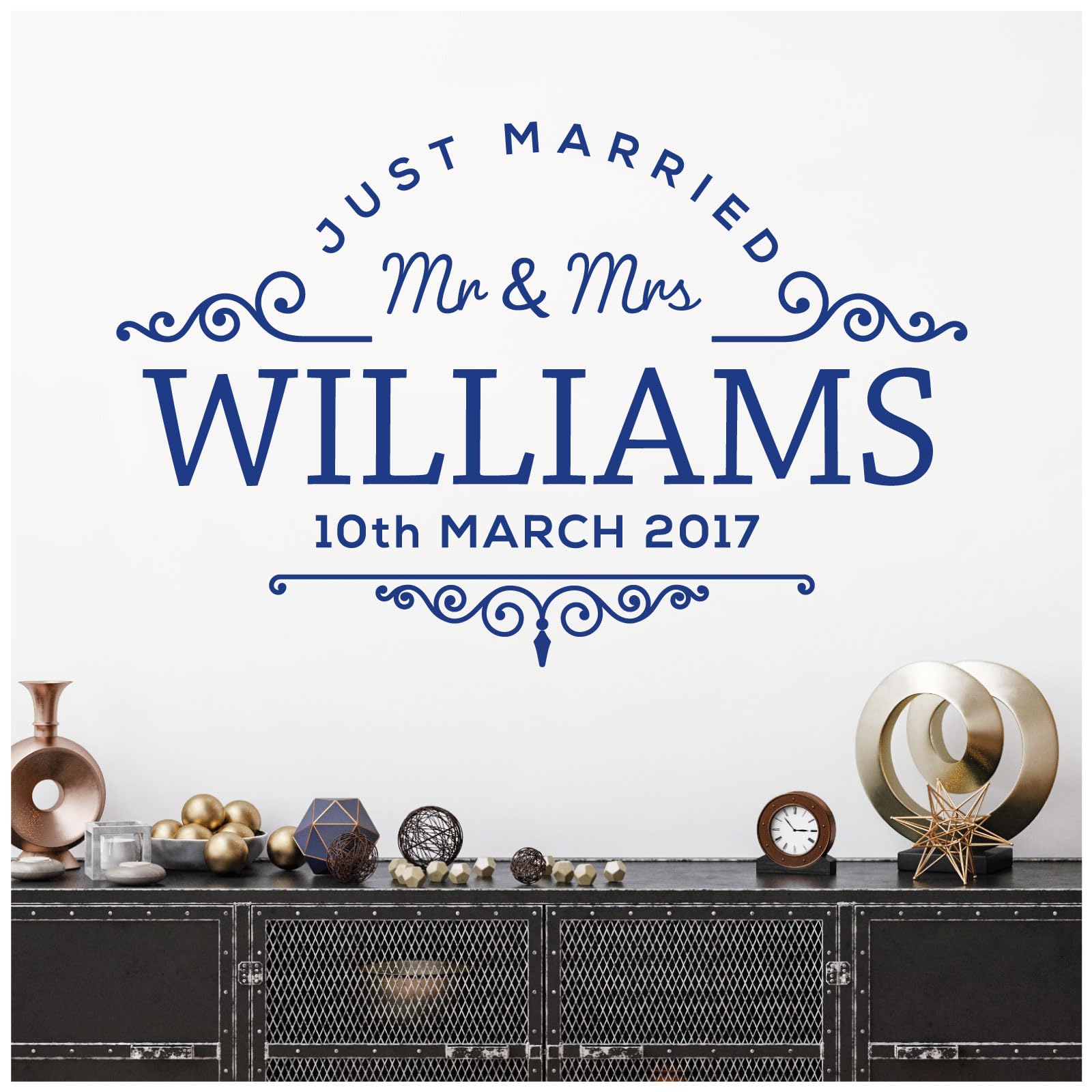 Mr & Mrs Just Married Family Name Wedding Date - Personalised Wall Sticker Decal [XLarge] [Mid Blue] — image 1