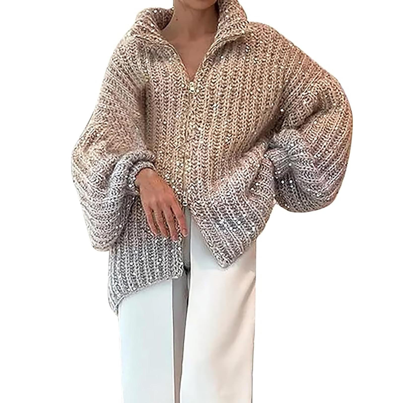 Womens Knitted Sweater with Sequins and Full Zipper Lazy Shimmer Sweaters Embellished Cardigans Dressy Pullover White