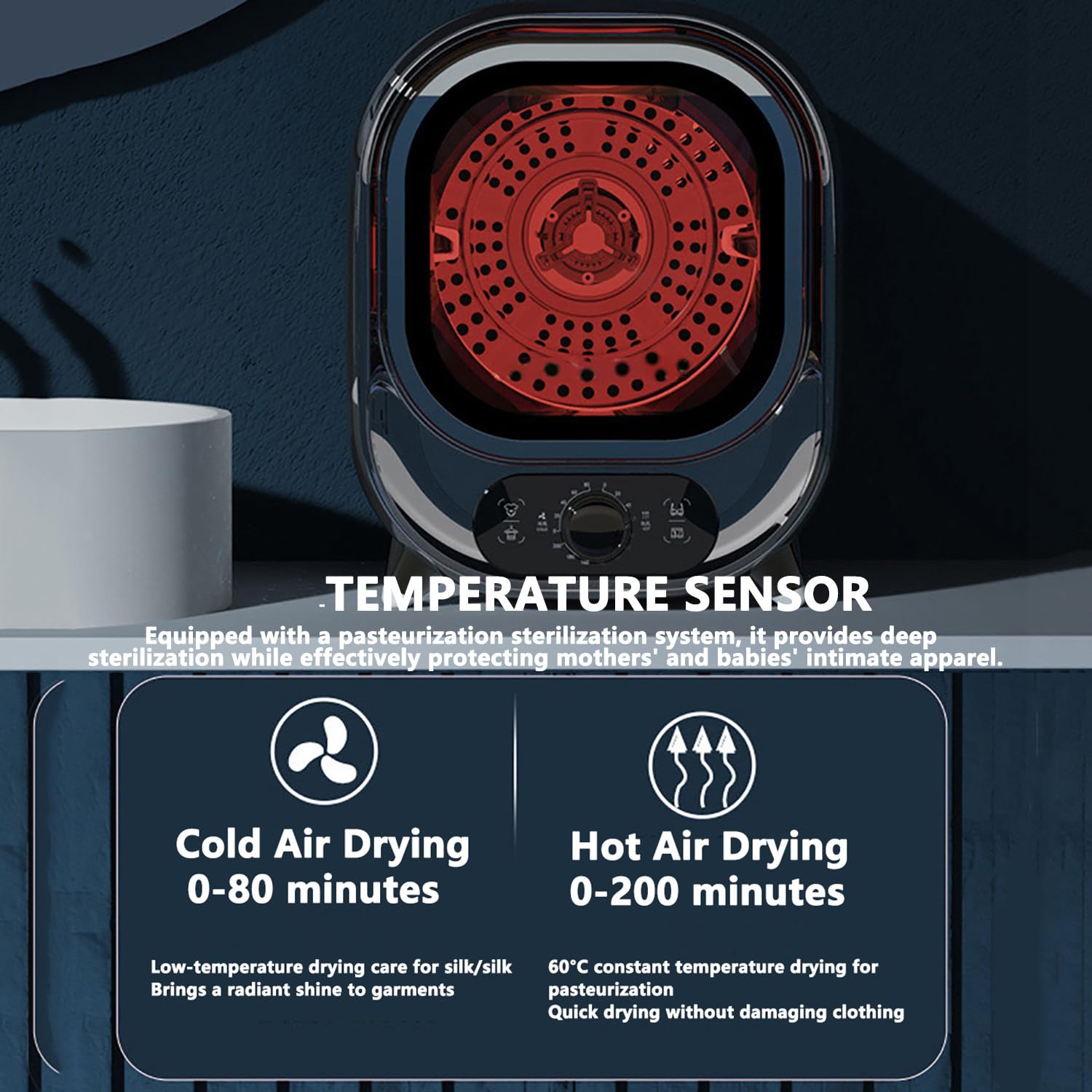 Minisecadora portátil de 450 W con Control de Temperatura Dual y Perilla de Control, silenciosa a 35 dB, para Cargas pequeñas (0,8 kg/18 L): Ropa Interior, Calcetines y Ropa de bebé. BlueA