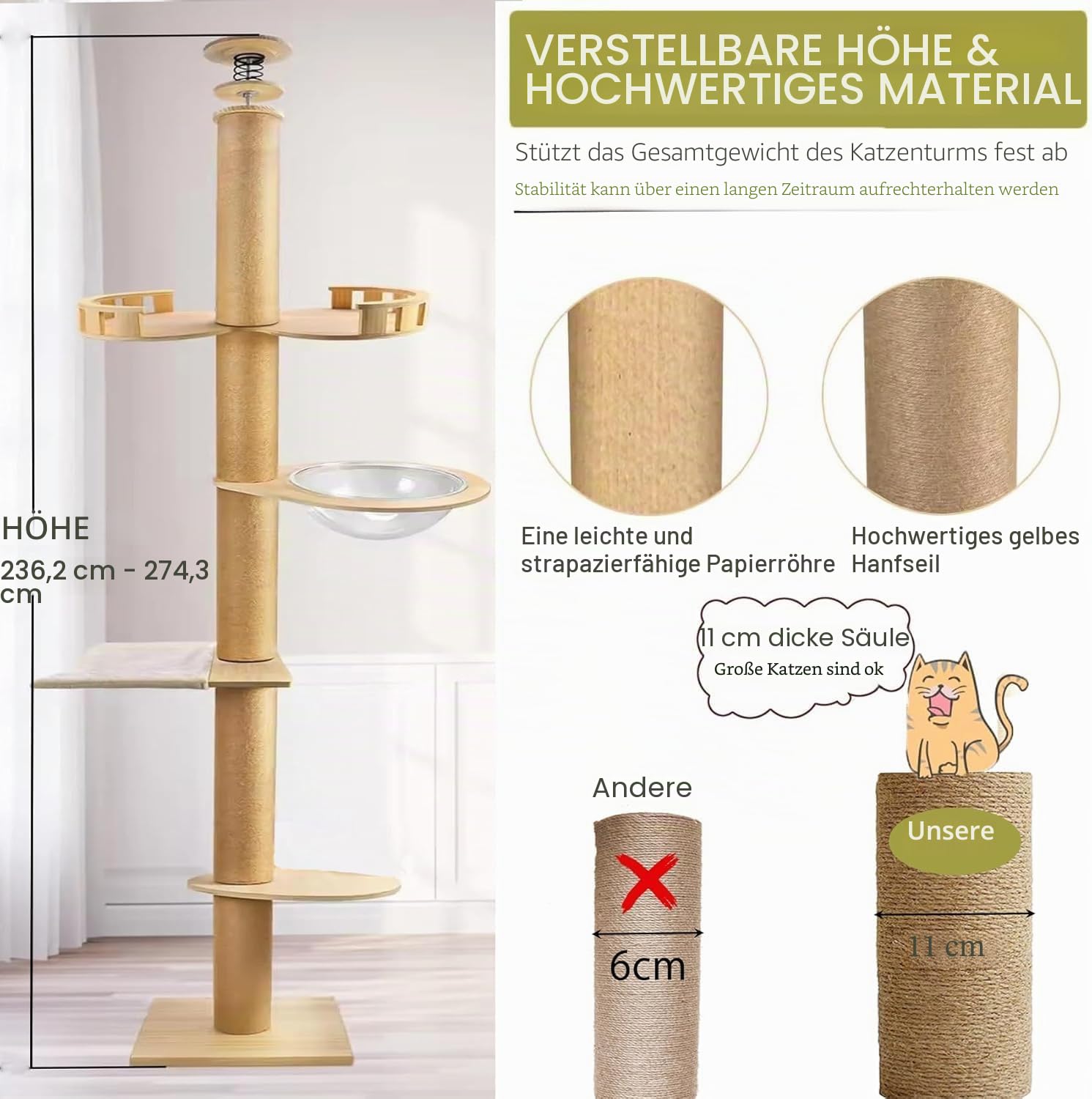 Kratzbaum vom Boden bis zur Decke, höhenverstellbar, 240–250 cm, 265–275 cm, mit Breite 11 cm, Katzenhängematte, komplett mit Sisalseil umwickelt