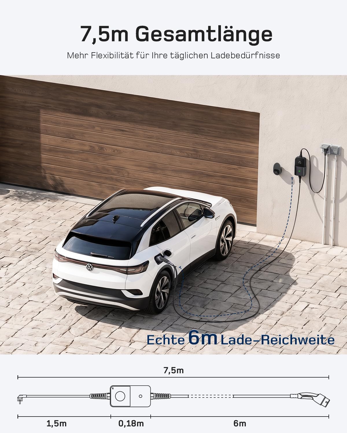 dé 3,7kW Typ 2 Ladekabel Schuko mit APP, EV Charger mit 6m Kabel, 6-16A | 7,5 m Kabel & Intelligente APP-Steuerung, 6-16A Einstellbarer Ladestrom, IP65 Schutz, für Typ 2 EVs & PHEVs