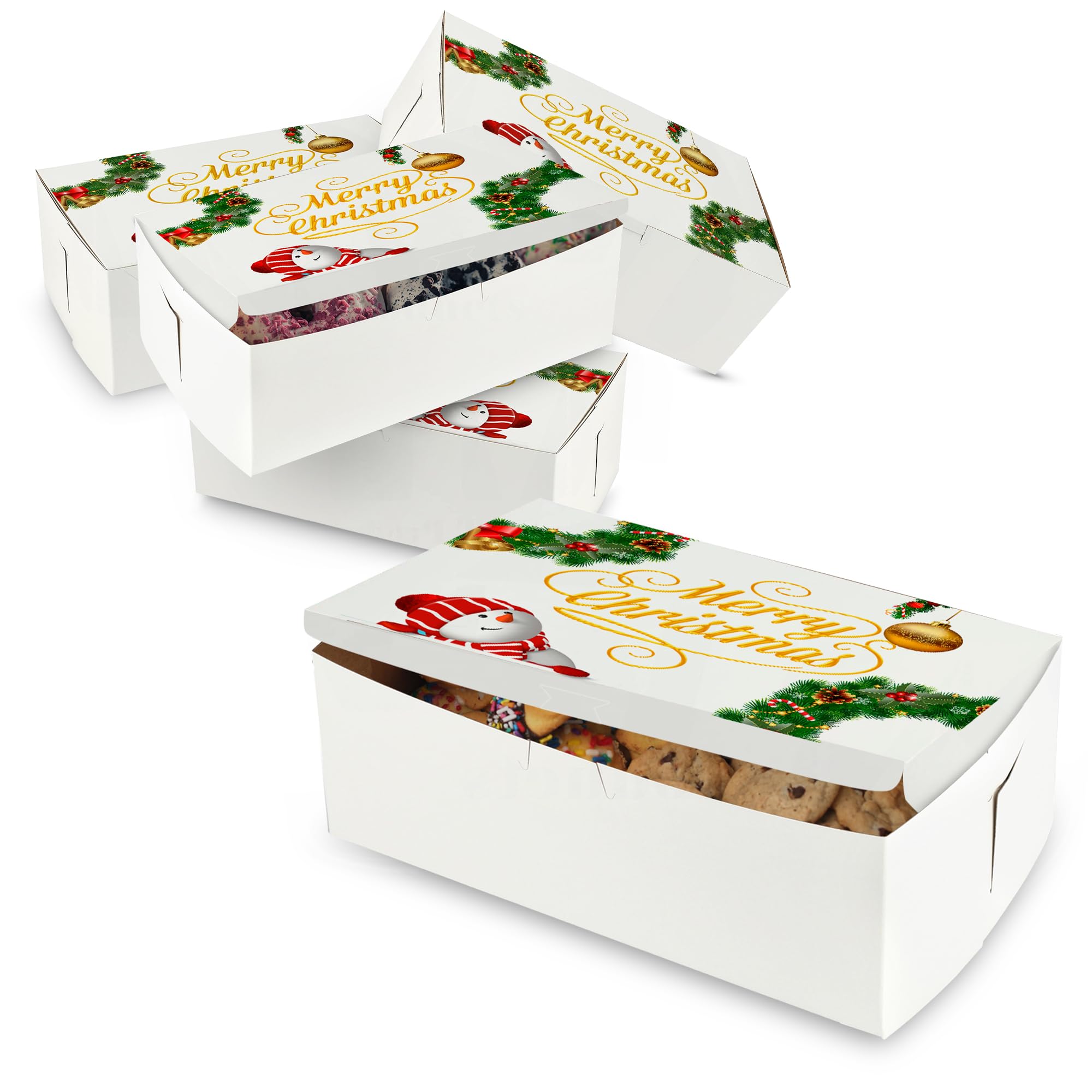 MT Products Merry Christmas Printed Bakery Boxes 10" x 6" x 3.5" - Elegantly Designed Cookie Boxes (Pack of 5) - Made in the USA