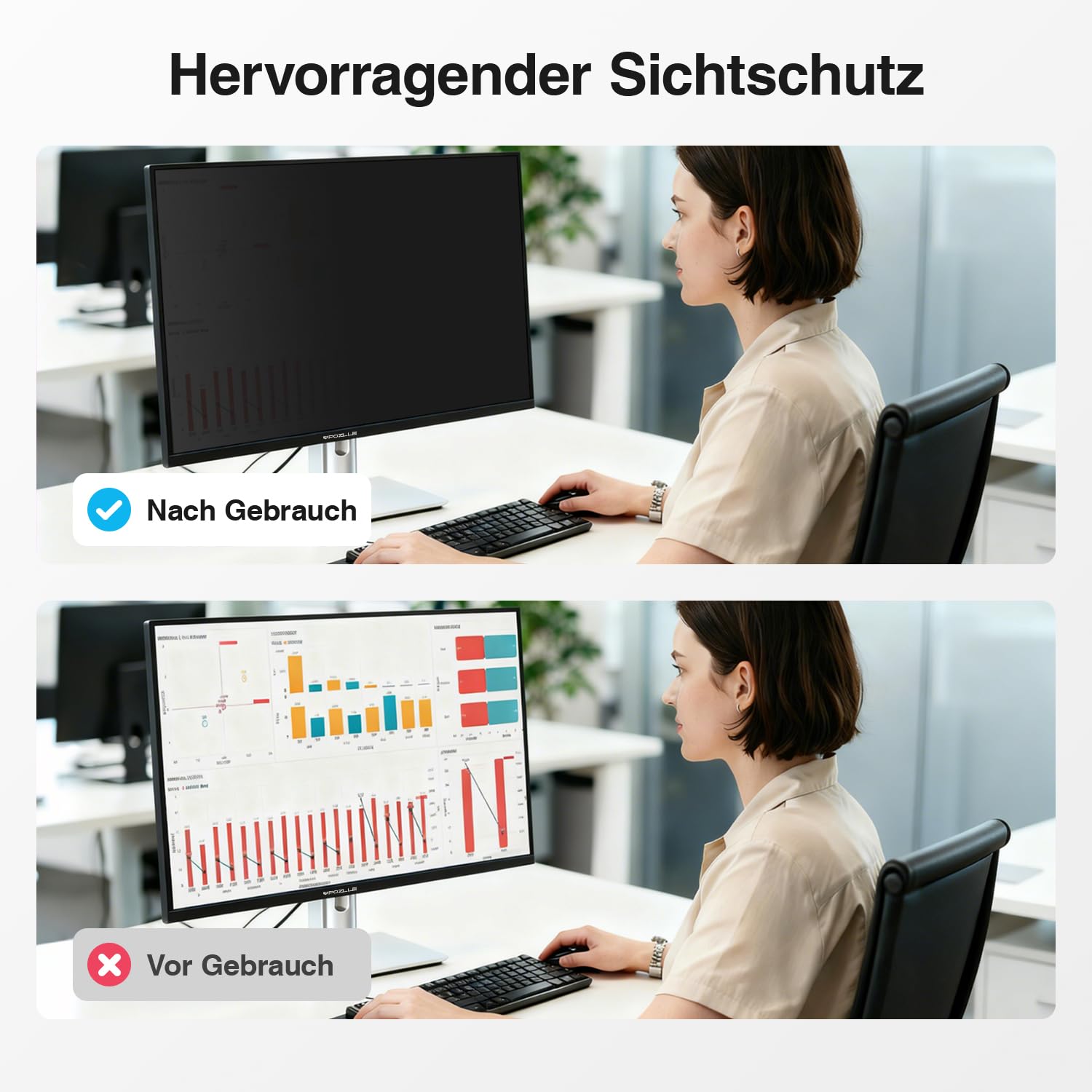 Pozlle 2er-Pack Blickschutzfolie für 24 Zoll 16:9 (53.2 x 29.9 cm) Monitor, Blaulichtfilter, Blendschutz, Abnehmbar Sichtschutzfolie für Computermonitore, PC Blickschutzfilter für Büro