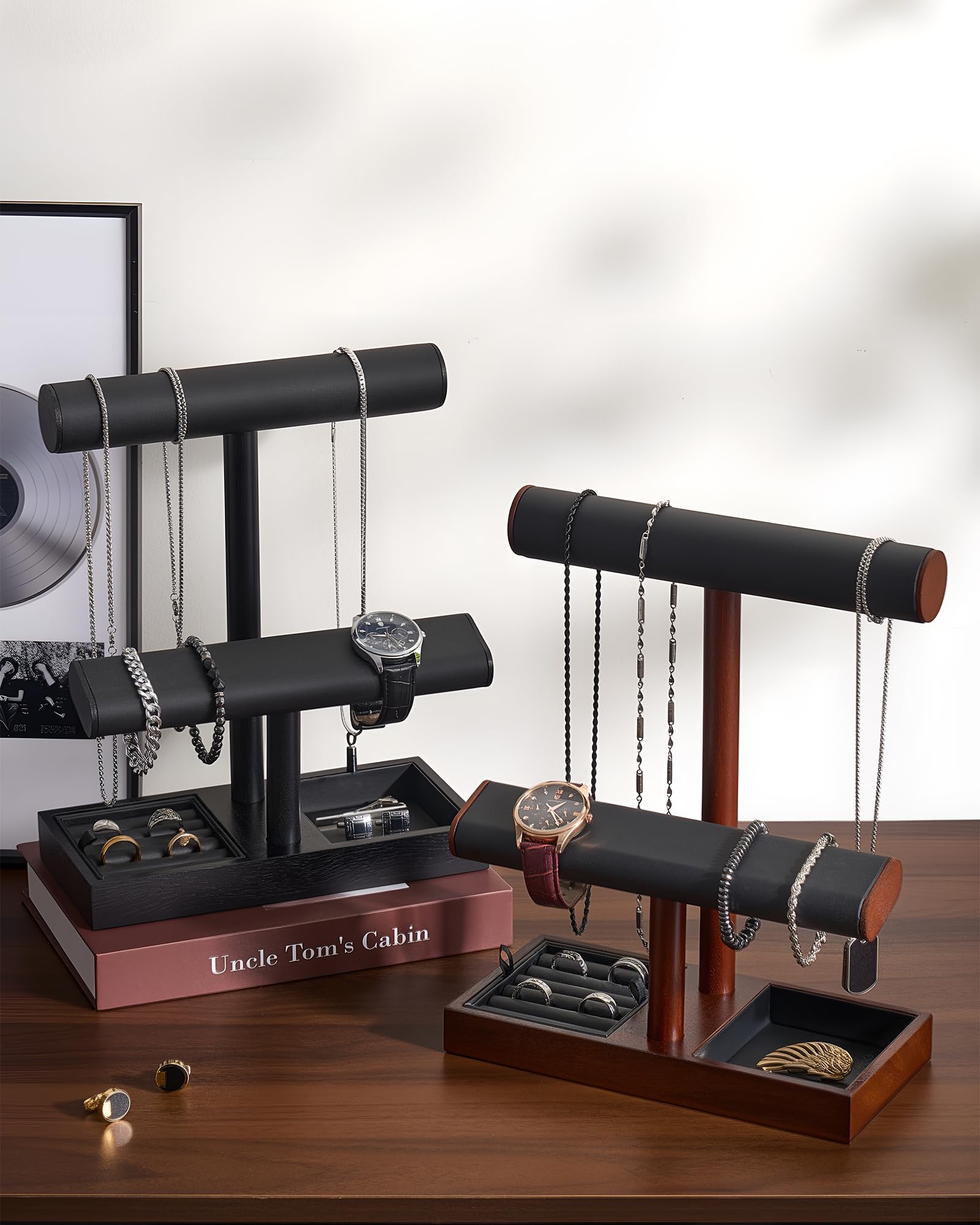 Soporte para Relojes para Hombre, Regalo para él, papá, Novio, Estante de exhibición de Joyas de Madera, Organizador para Collares, Pulseras y Anillos - Negro
