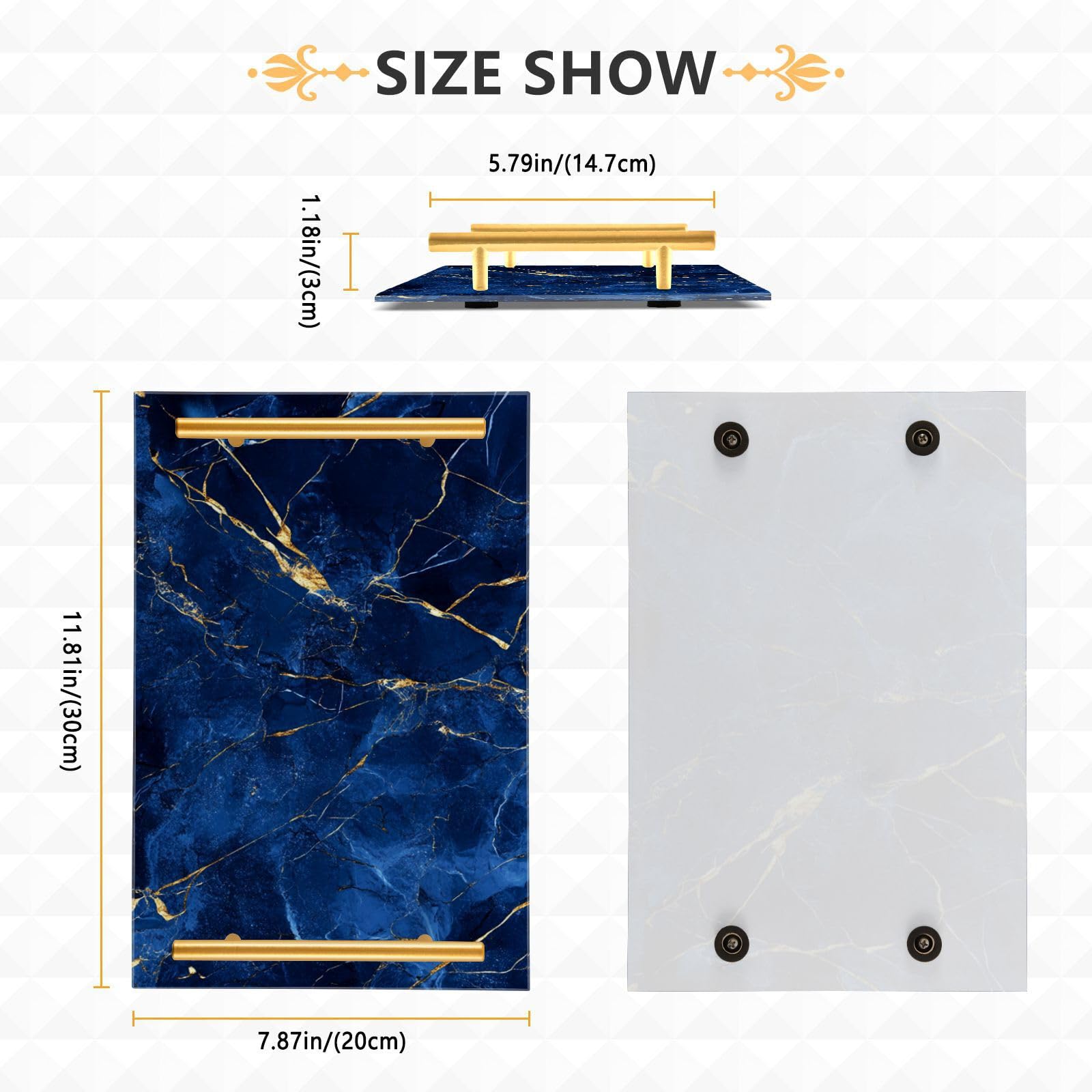 Bandeja decorativa grande con textura de mármol azul y dorado con asas, bandeja perfecta para servir desayuno, joyas, perfumes y plato, diseño de plástico