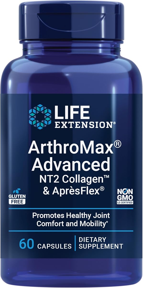 Life Extension ArthroMax® Advanced NT2 Collagen™ & AprèsFlex®, glucosamine sulfate, Boswellia (Indian Frankincense), Joint Health, Mobility, Gluten-Free, Non-GMO, 60 Capsules | Glucosamine Sulfate & Boswellia (Indian Frankincense) for Joint Health & Mobility; Gluten Free & Non-GMO Capsules